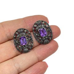 Vintage Art Deco Stil Sterling Silber 925 Amethyst Markasit Ohrringe durchbohrt