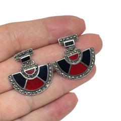 Orecchini pendenti in stile Art Deco d'epoca in argento 925 con smalto alla marcasite