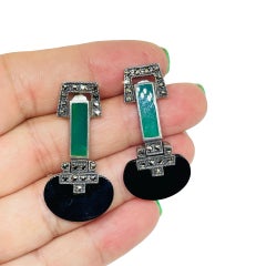 Vintage Art Deco style sterling silver 925 marcasite enamel dangle earrings