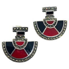 Orecchini pendenti in stile Art Deco d'epoca in argento 925 con smalto alla marcasite