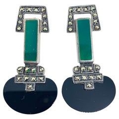 Vintage Art Deco style sterling silver 925 marcasite enamel dangle earrings