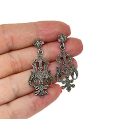 Orecchini pendenti in argento 925 con marcasite in stile Art Deco vintage