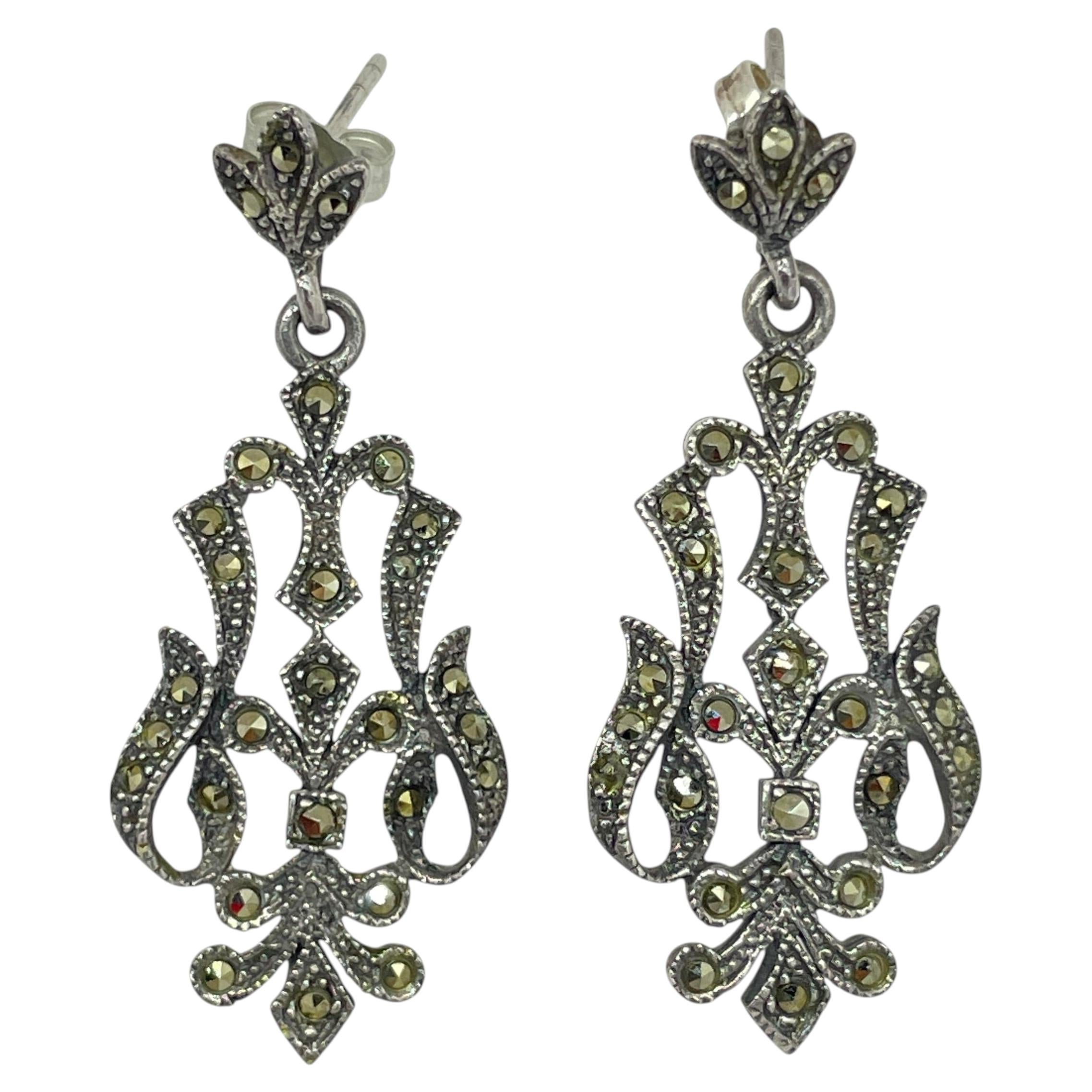 Orecchini pendenti in argento 925 con marcasite in stile Art Deco vintage