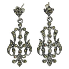 Orecchini pendenti in argento 925 con marcasite in stile Art Deco vintage