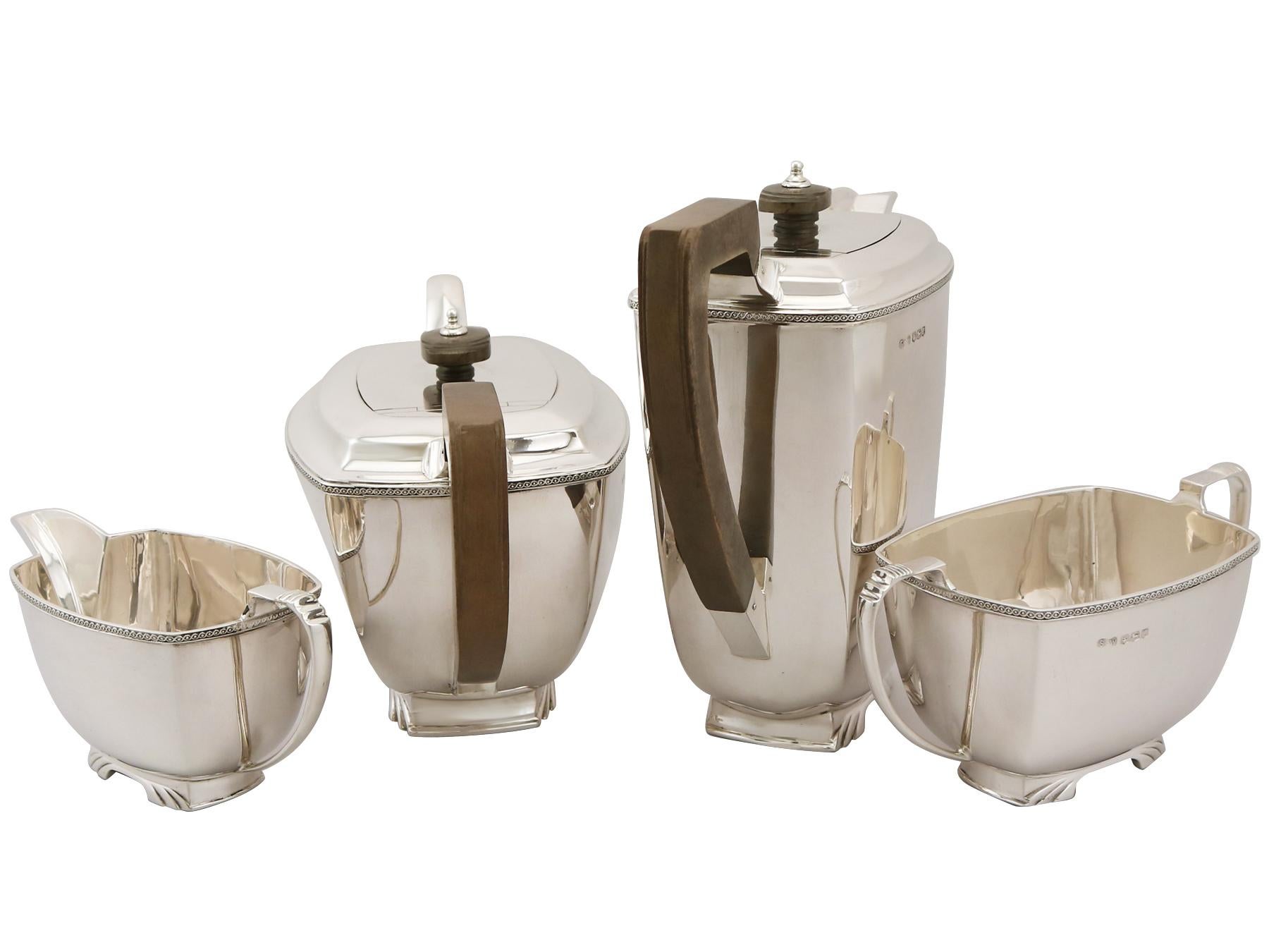 English Vintage Art Deco Style Sterling Silver Four-Piece Tea and Coffee Service