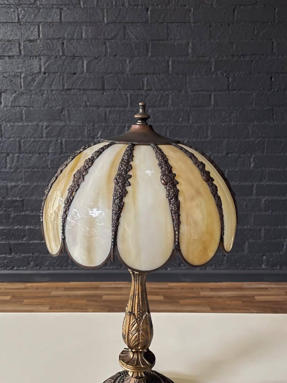 Brass Vintage Art Deco Style Table Lamp with Tiffany Style Shade