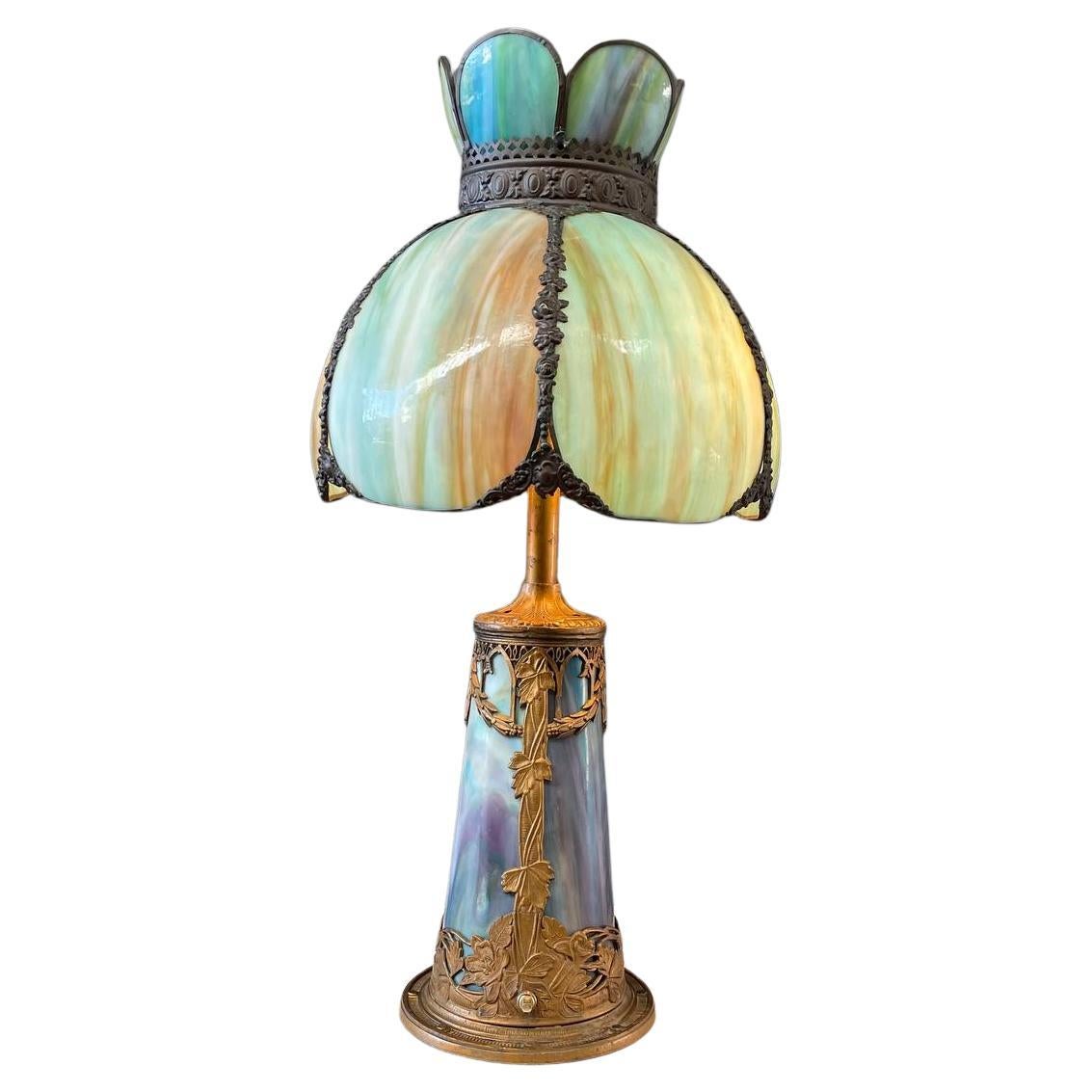 Vintage Art Deco Style Table Lamp with Tiffany Style Shade For Sale