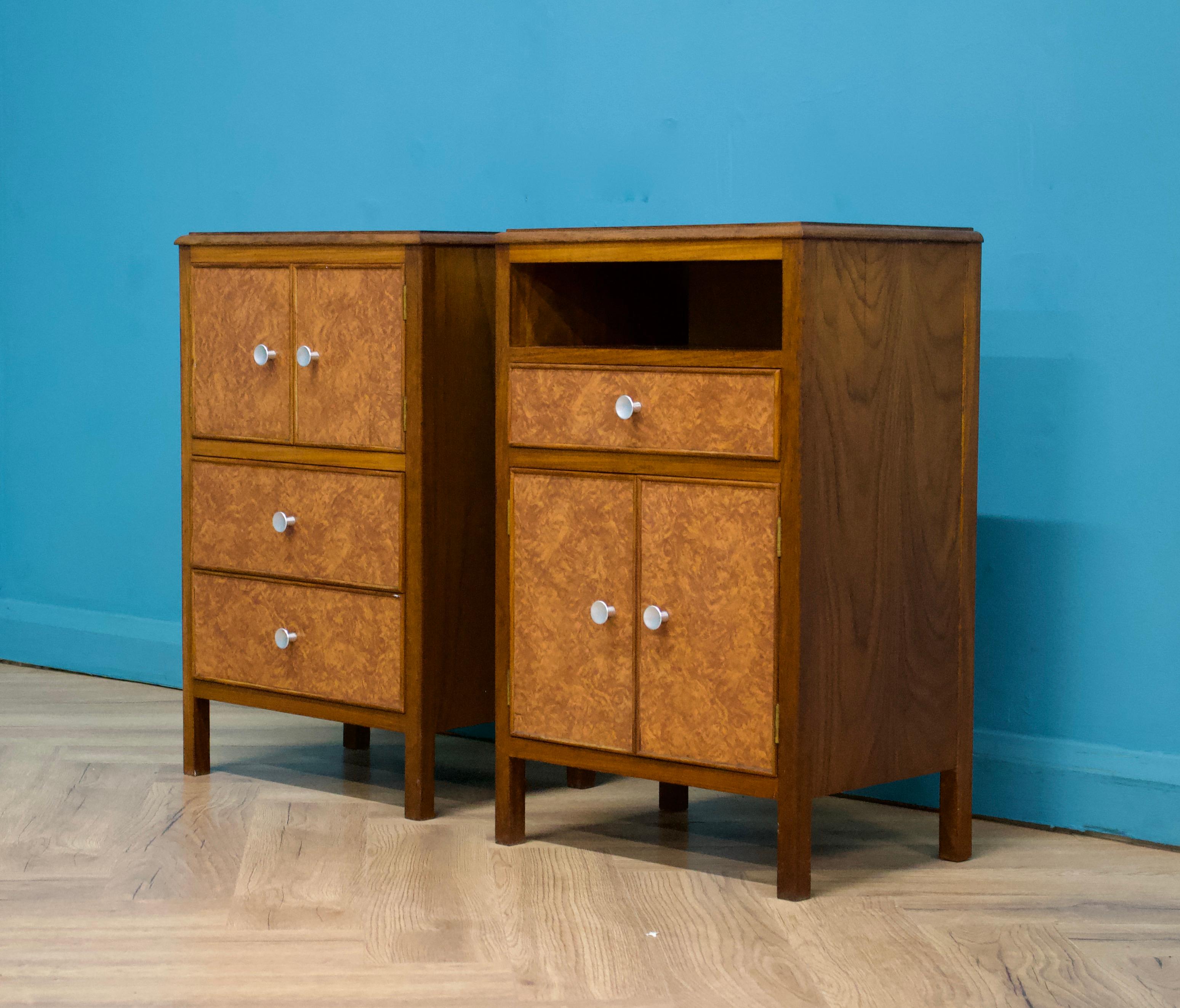 British Vintage Art Deco Style Teak and Walnut Effect Bedside Cabinets, 1950s, set of 2 For Sale