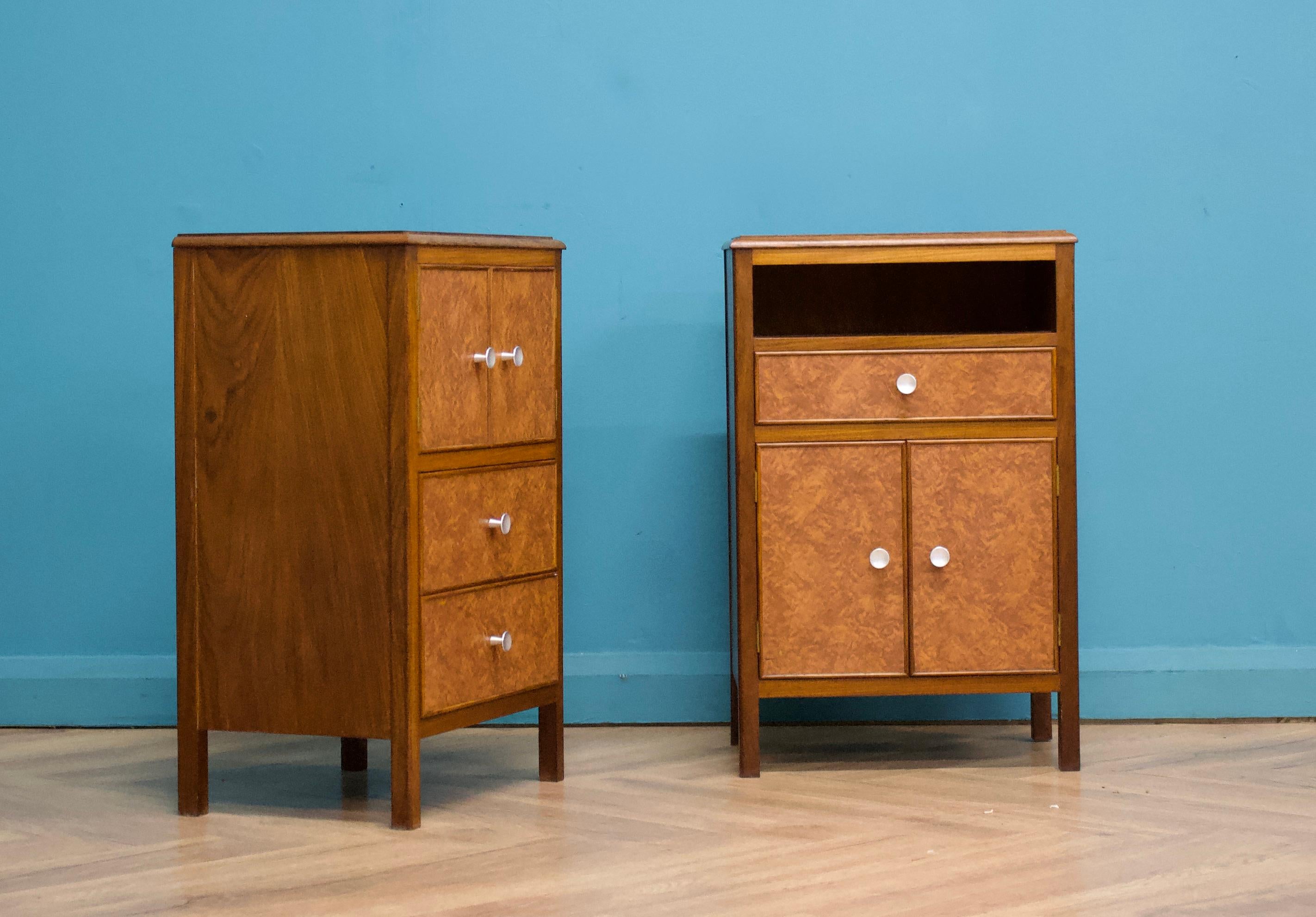 Vintage Art Deco Style Teak and Walnut Effect Bedside Cabinets, 1950s, set of 2 In Good Condition For Sale In South Shields, GB