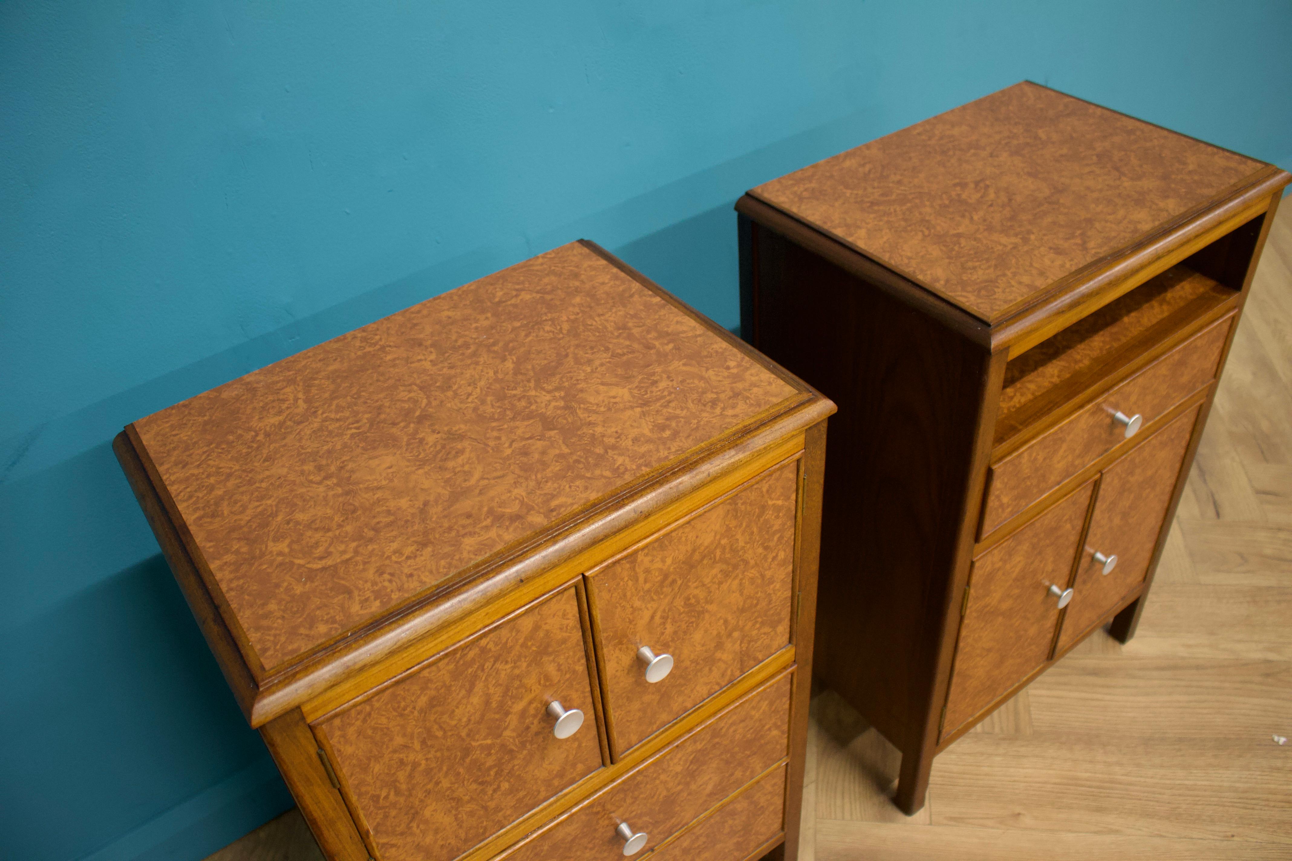 Mid-20th Century Vintage Art Deco Style Teak and Walnut Effect Bedside Cabinets, 1950s, set of 2 For Sale