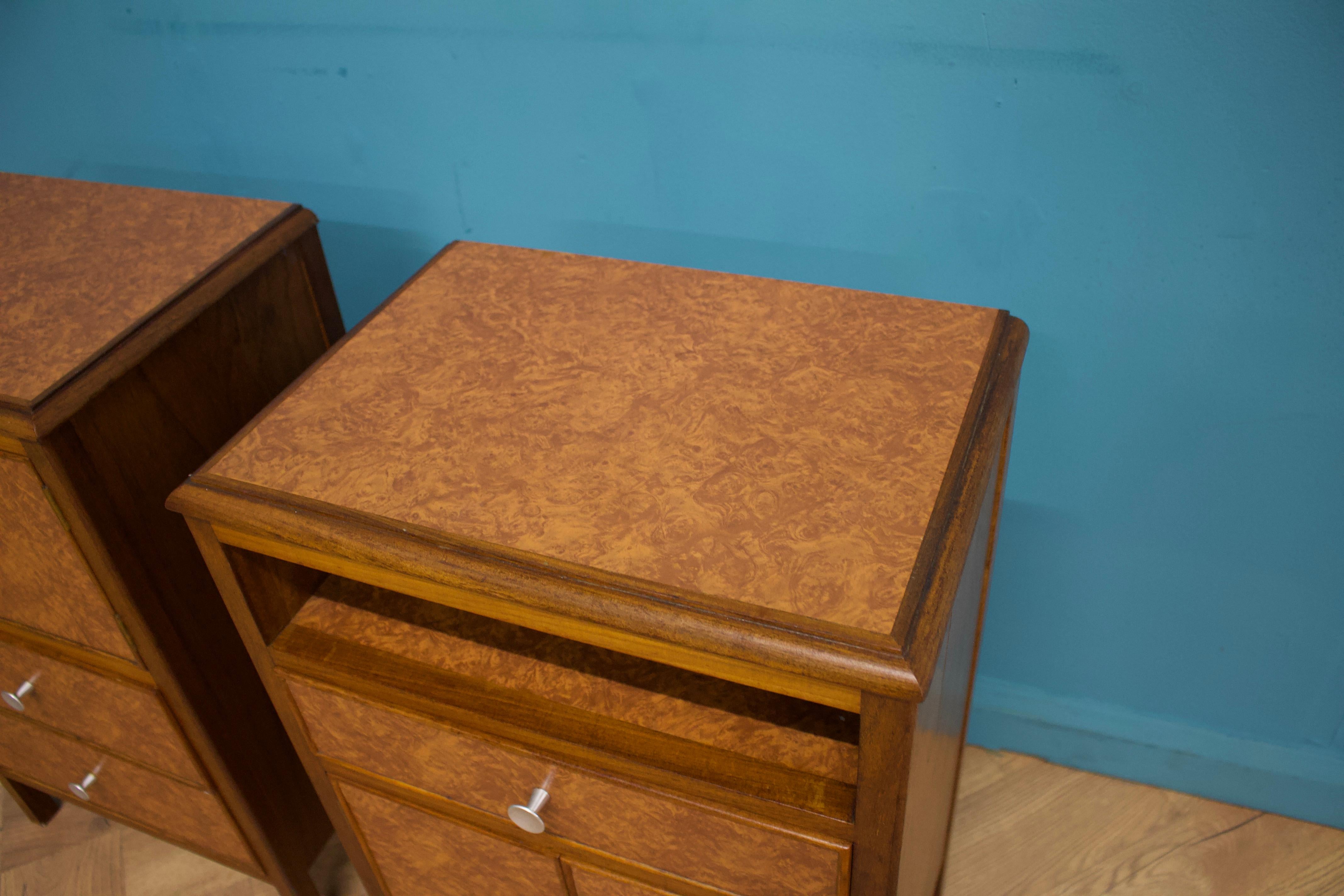 Wood Vintage Art Deco Style Teak and Walnut Effect Bedside Cabinets, 1950s, set of 2 For Sale