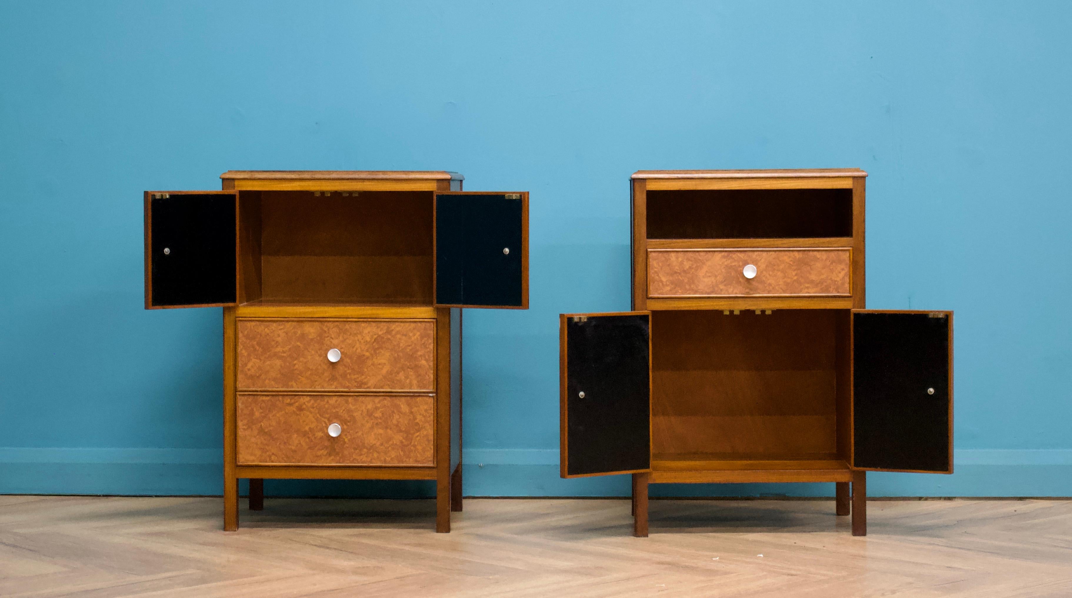 Vintage Art Deco Style Teak and Walnut Effect Bedside Cabinets, 1950s, set of 2 For Sale 1