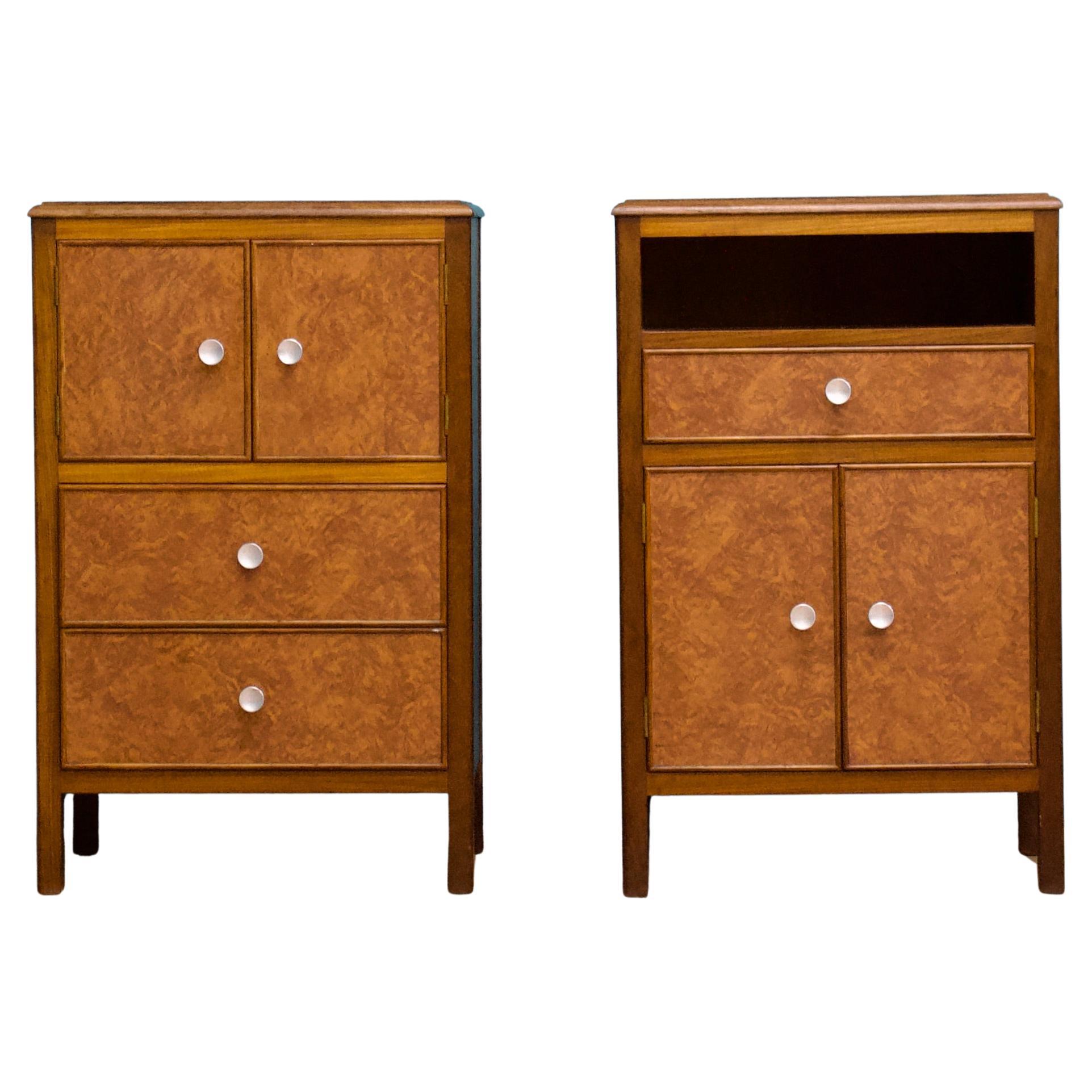 Vintage Art Deco Style Teak and Walnut Effect Bedside Cabinets, 1950s, set of 2 For Sale