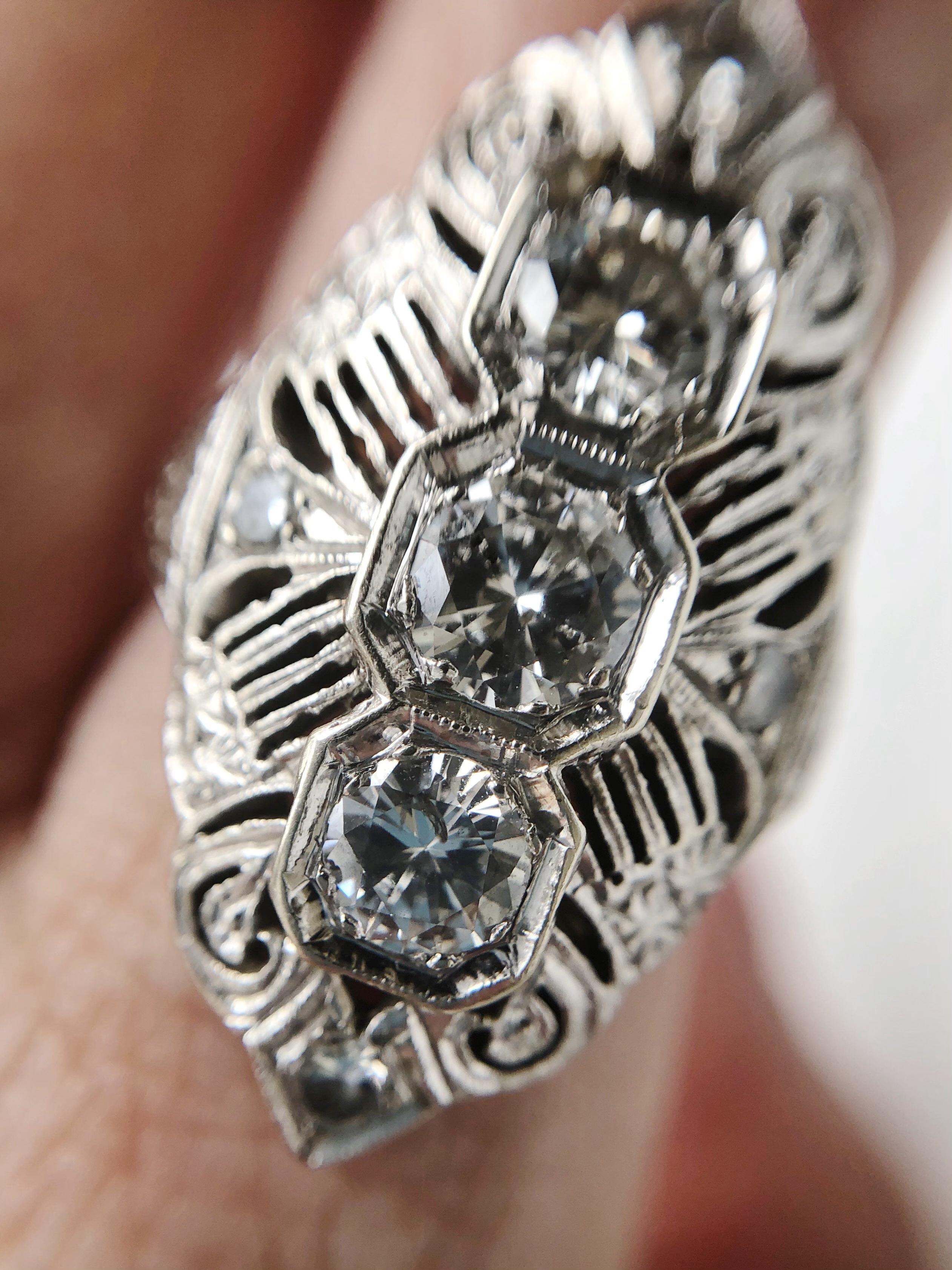 Art Deco Style Three-Stone Diamond White Gold Ring 5