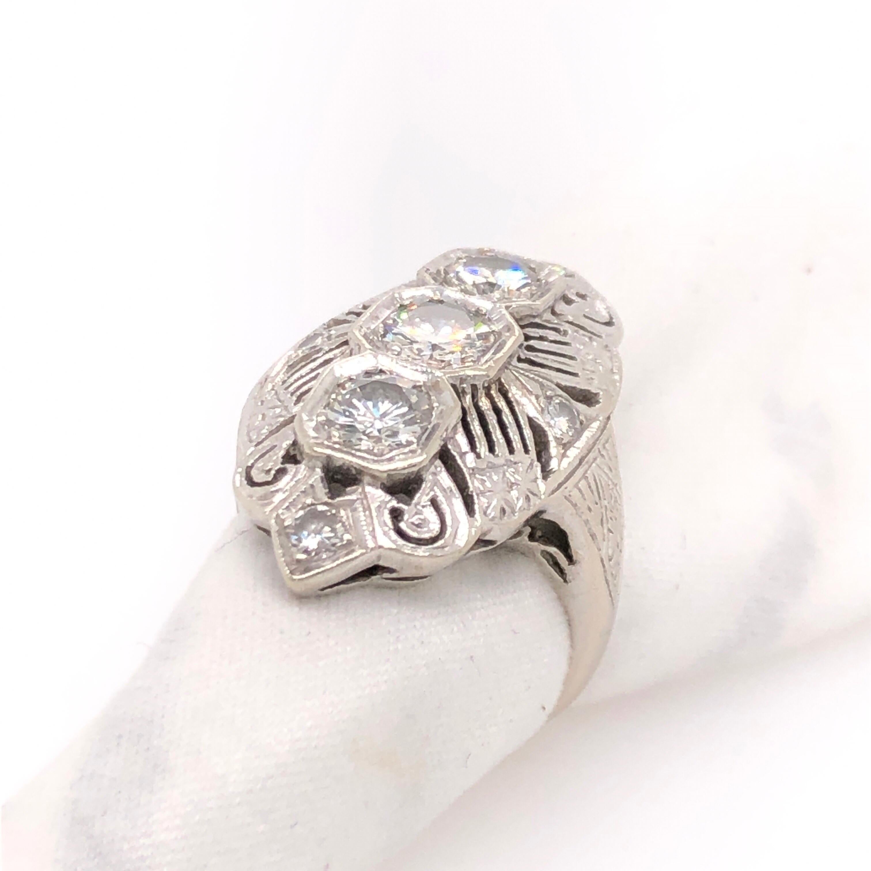 Art Deco Style Three-Stone Diamond White Gold Ring In Good Condition In Dallas, TX