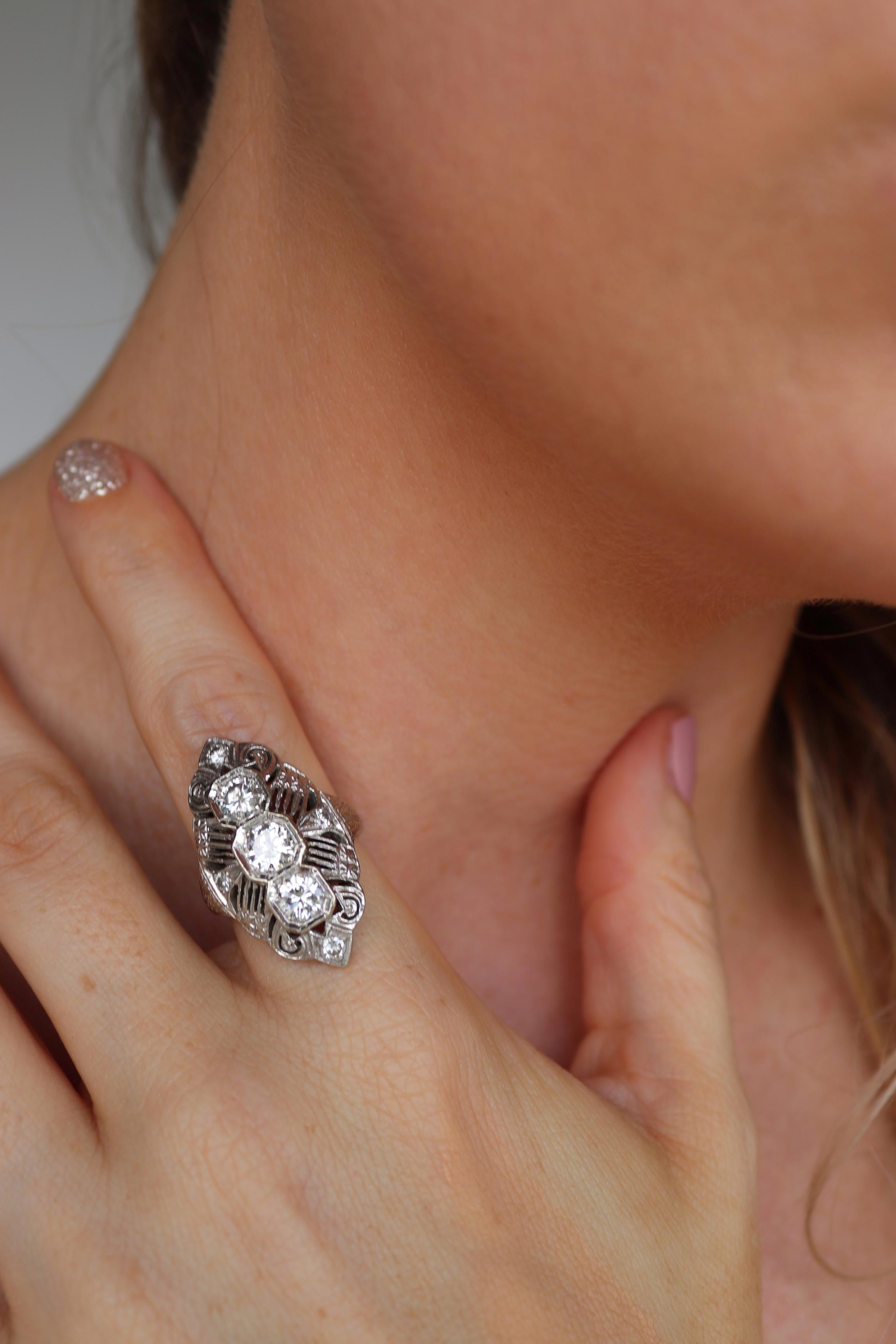 Women's or Men's Art Deco Style Three-Stone Diamond White Gold Ring