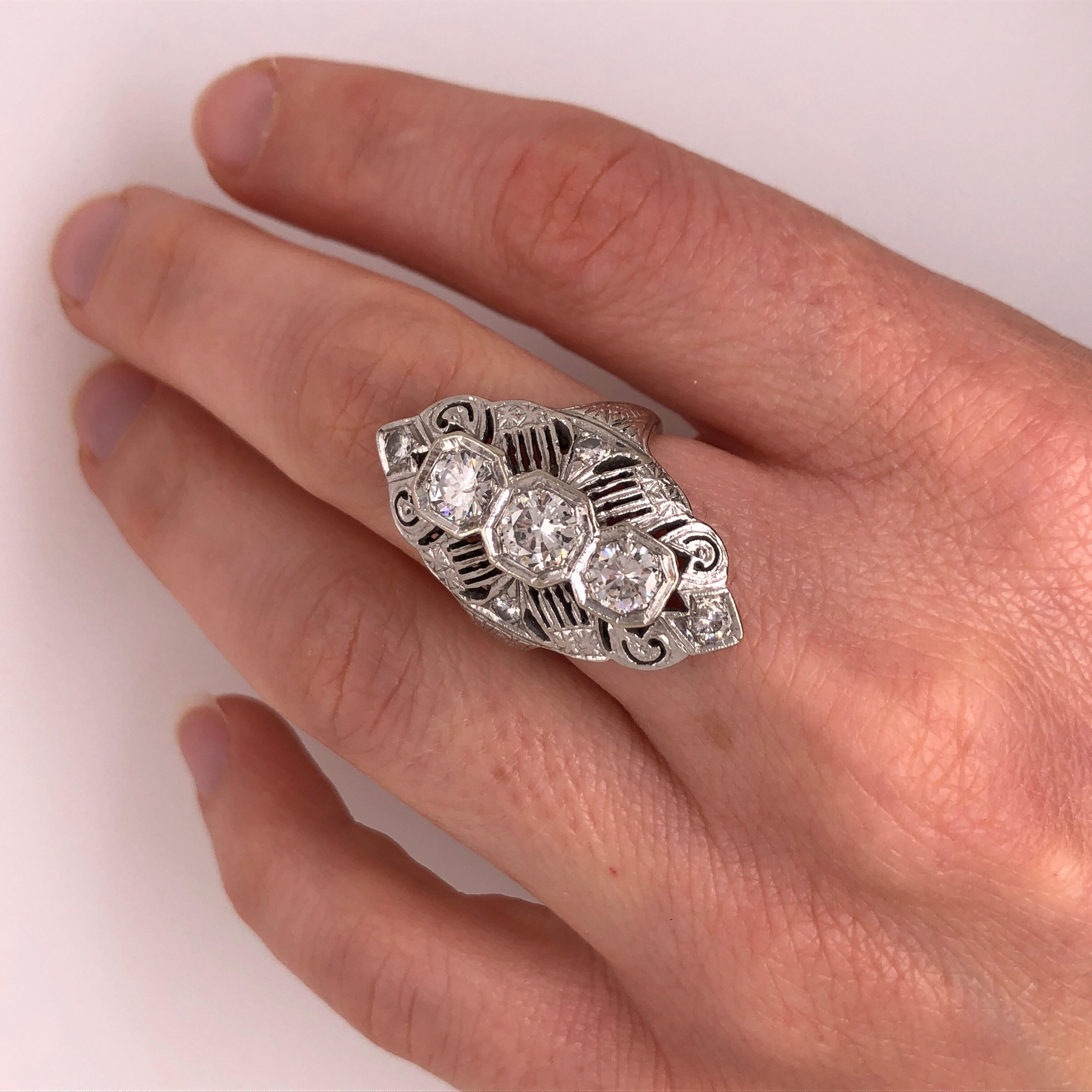 Art Deco Style Three-Stone Diamond White Gold Ring 3