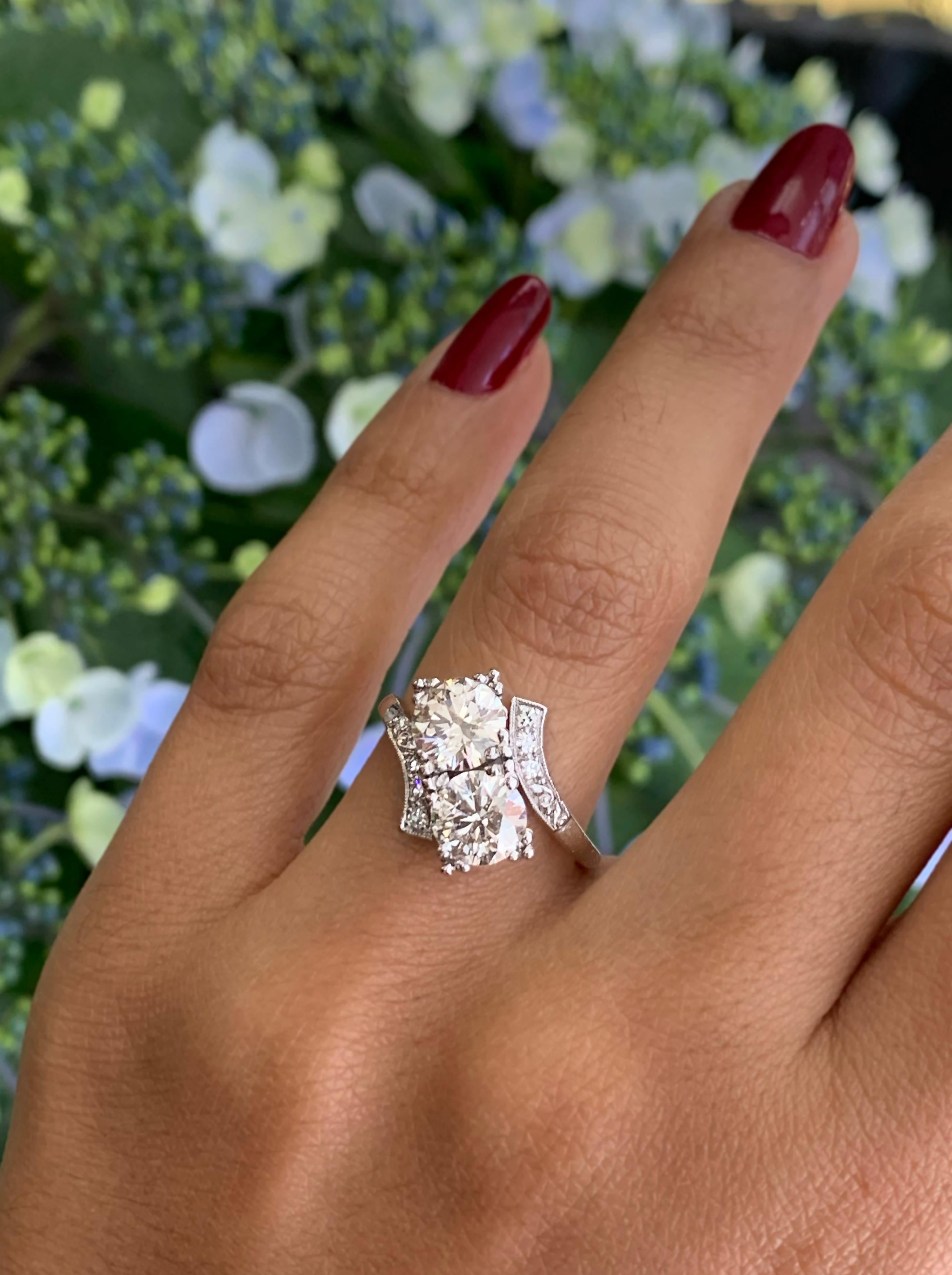 Brilliant Cut Vintage Art Deco Style Two-Stone Crossover Diamond Platinum Ring, circa 1950's
