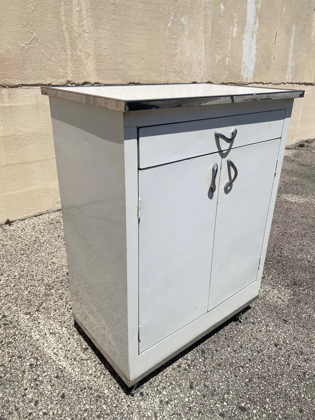 Vintage Art Deco Style White Steel Metal Kitchen Medical Dental Cabinet 3