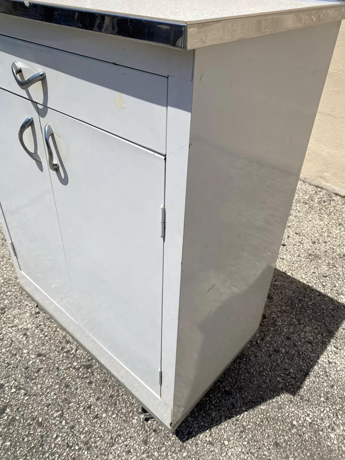 20th Century Vintage Art Deco Style White Steel Metal Kitchen Medical Dental Cabinet