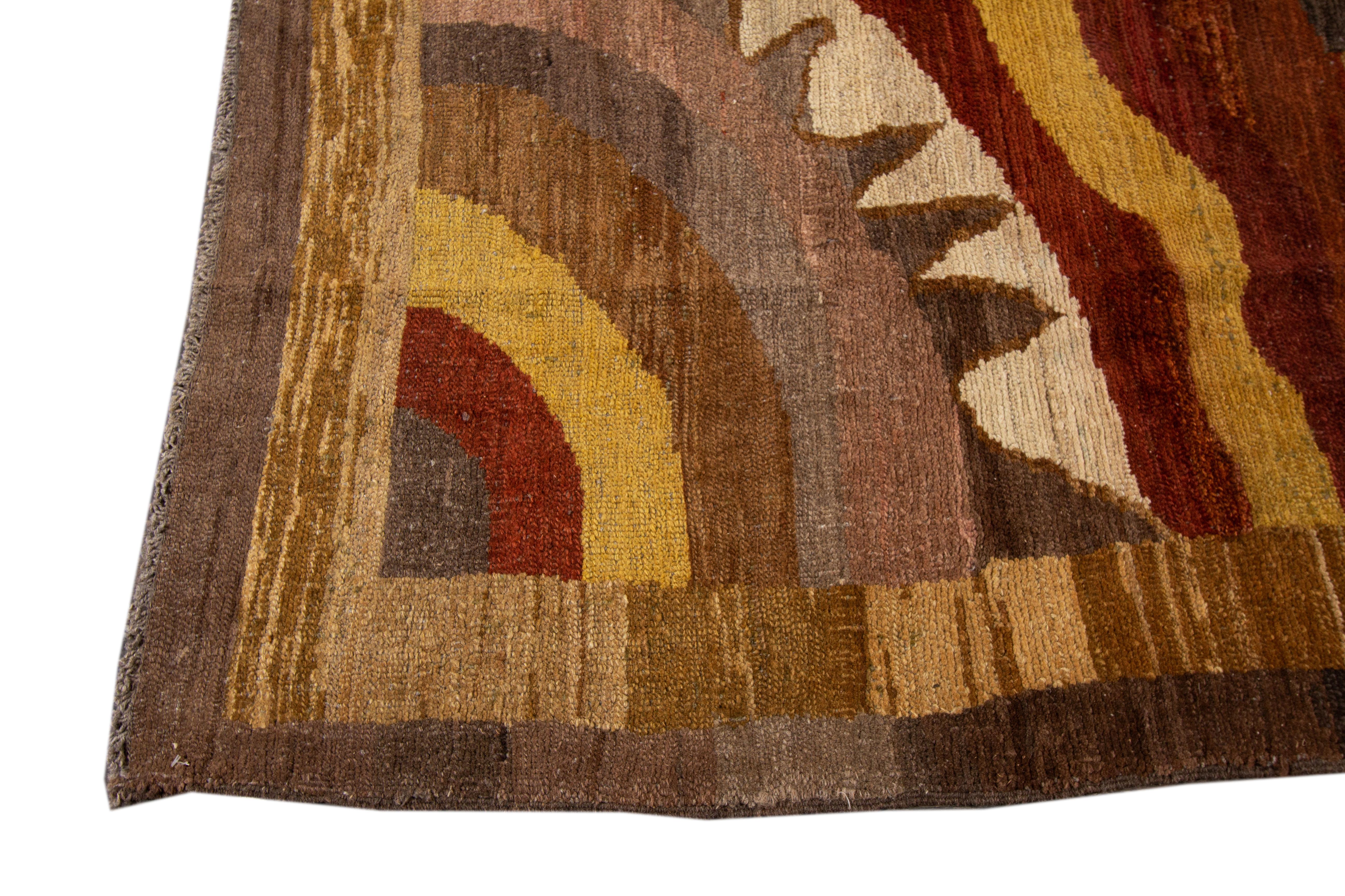 Vintage Art Deco Style Handamde Brown Wool Rug For Sale 1