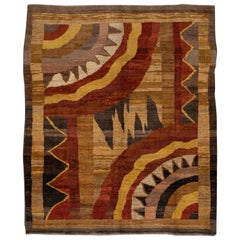 Used Art Deco Style Handamde Brown Wool Rug