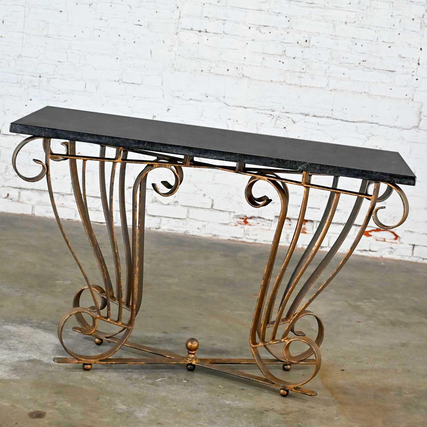 Vintage Art Deco Style Wrought Iron Granite Top Sofa Console Table 3