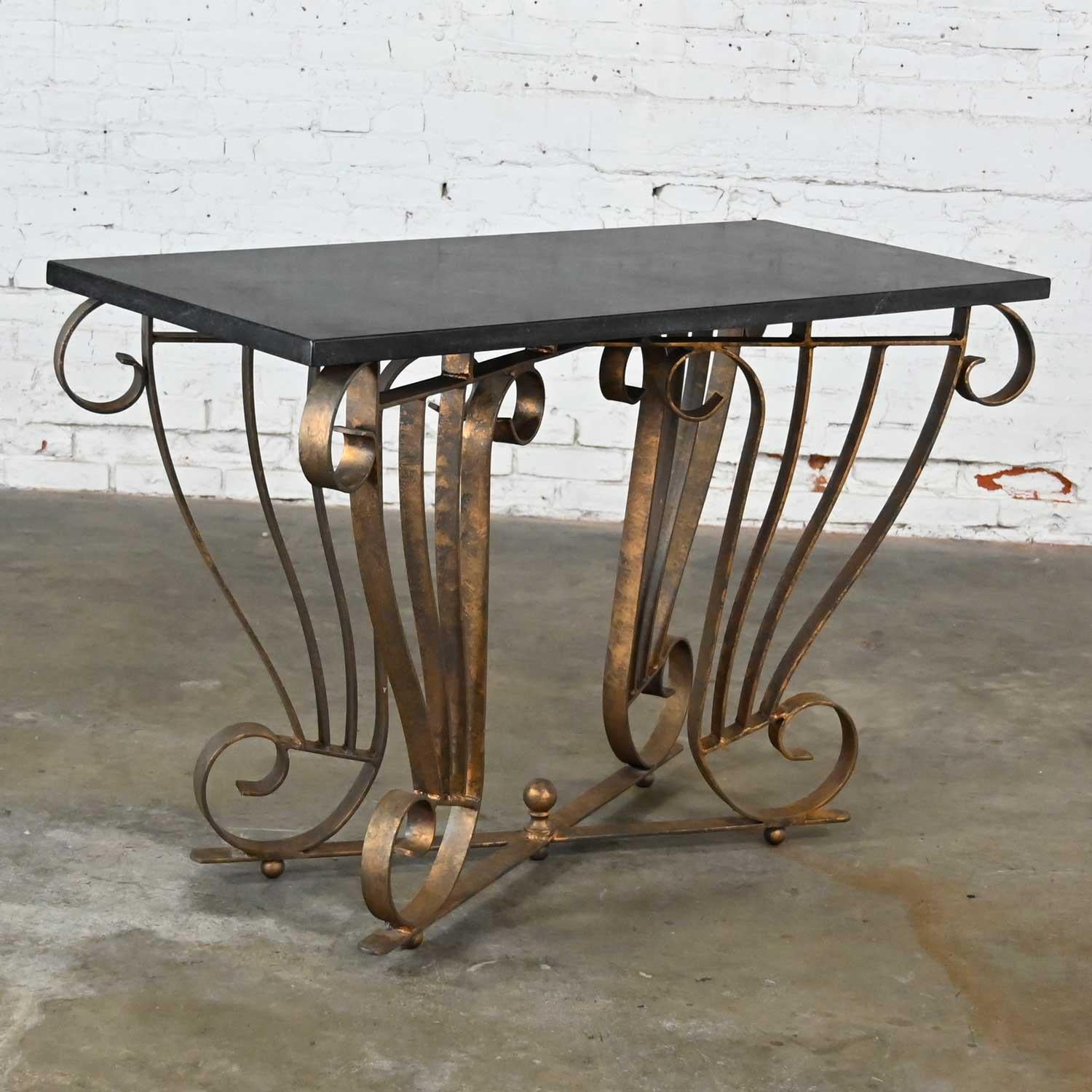American Vintage Art Deco Style Wrought Iron Granite Top Sofa Console Table