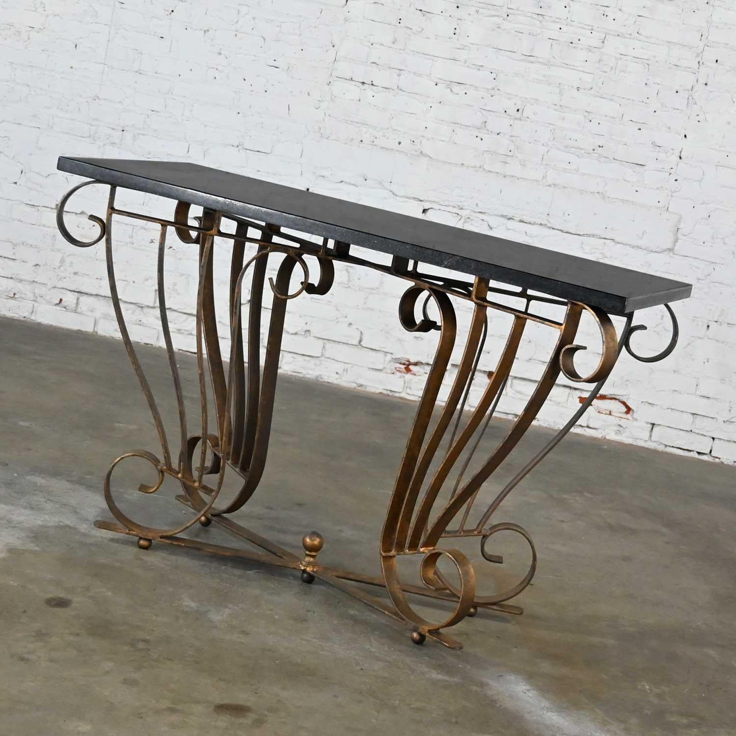 Vintage Art Deco Style Wrought Iron Granite Top Sofa Console Table In Good Condition In Topeka, KS