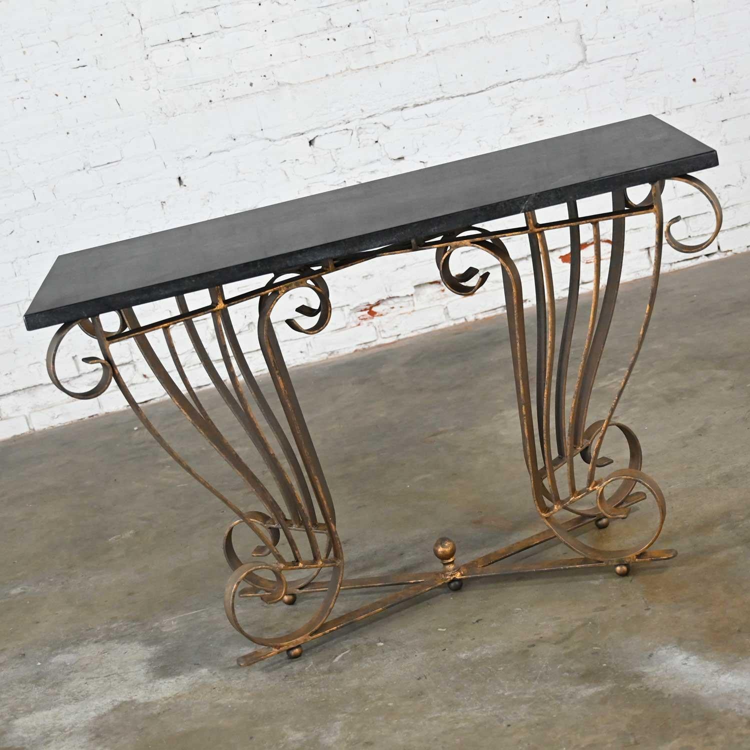20th Century Vintage Art Deco Style Wrought Iron Granite Top Sofa Console Table