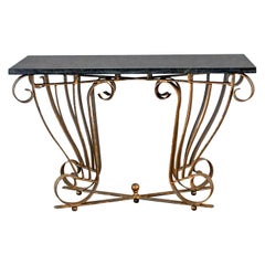 Vintage Art Deco Style Wrought Iron Granite Top Sofa Console Table