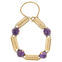Vintage Art Deco Sugarloaf Amethyst Bracelet 14k Yellow Gold Trefoil Antique