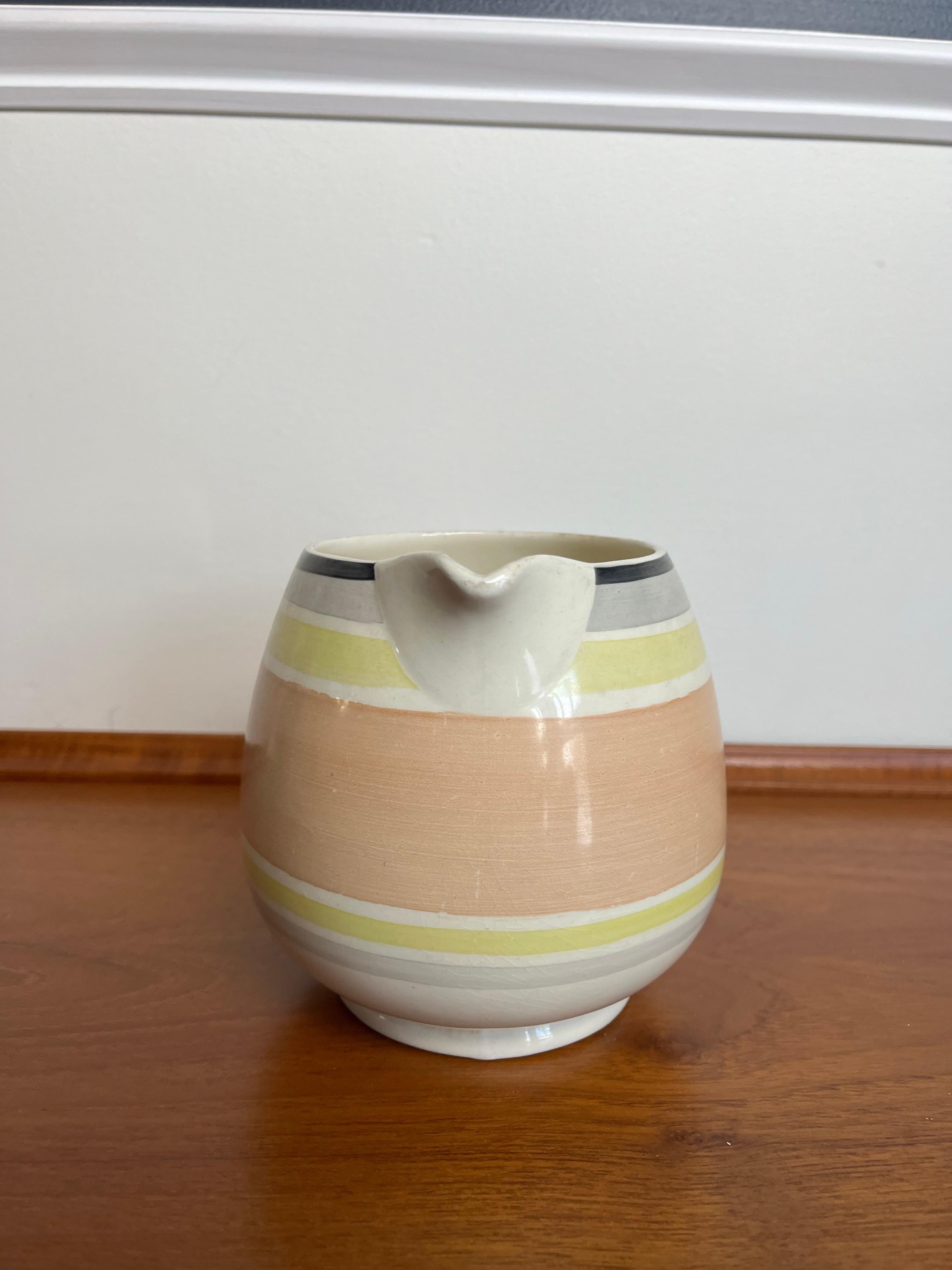 Beautiful Susie Cooper ceramic glazed pitcher. Wedding Ring collection. Perfect proportions and visual appeal with soft banded colors. 
