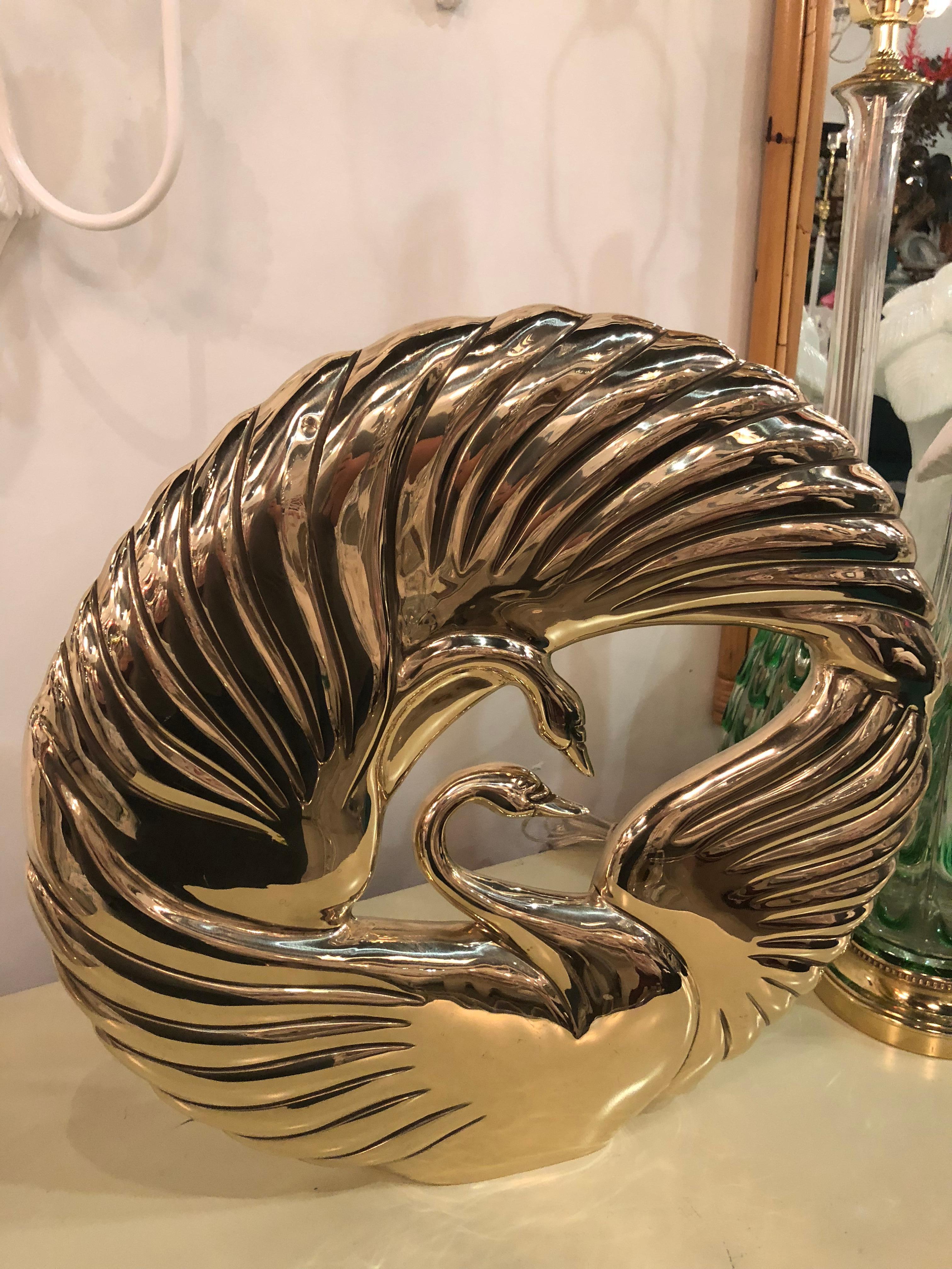 American Vintage Art Deco Swan Polished Brass Statue