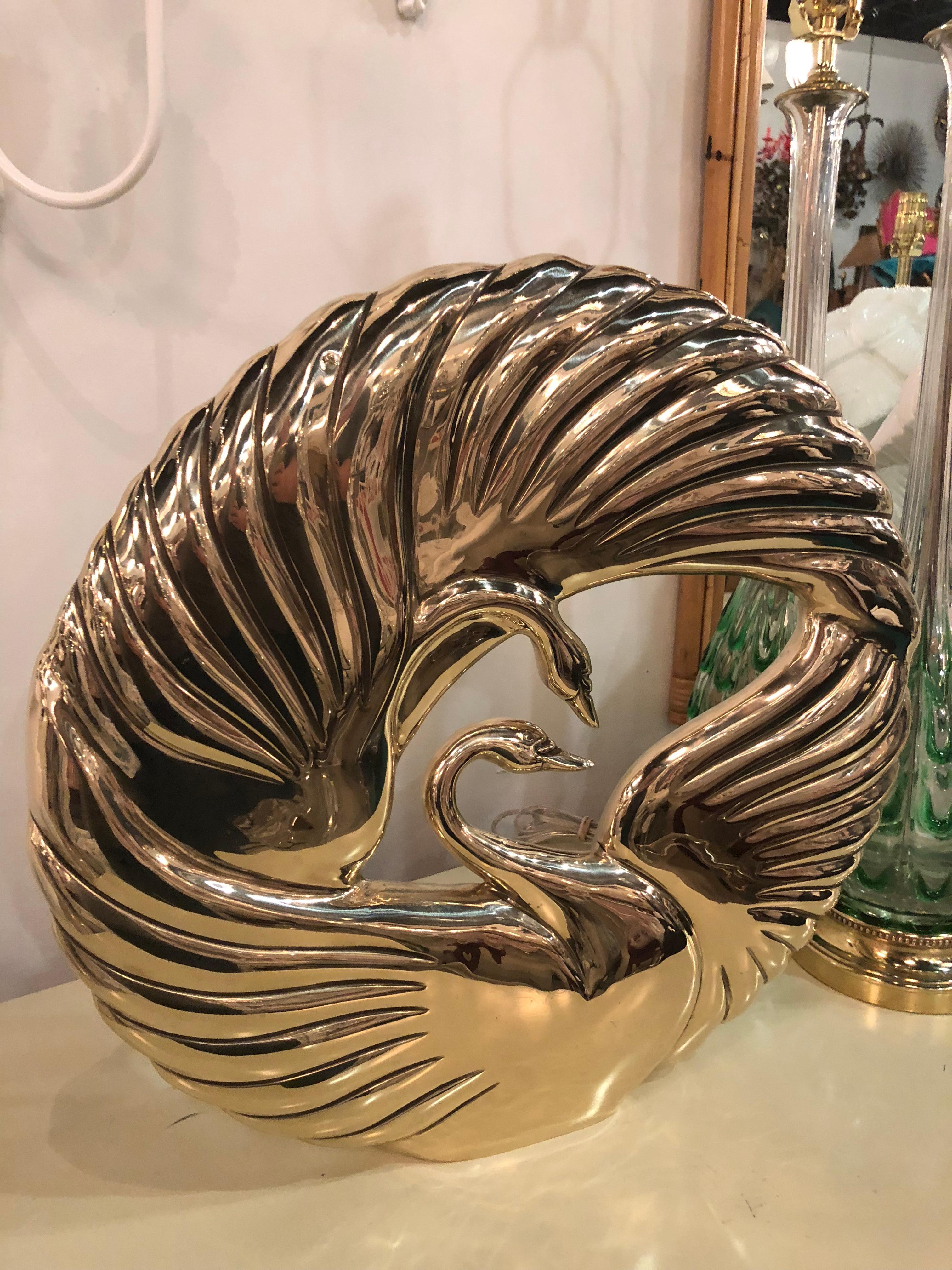 Late 20th Century Vintage Art Deco Swan Polished Brass Statue