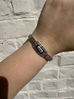 Vintage Art Deco Synthetic Sapphire & Diamond Filigree Bracelet 14K White Gold