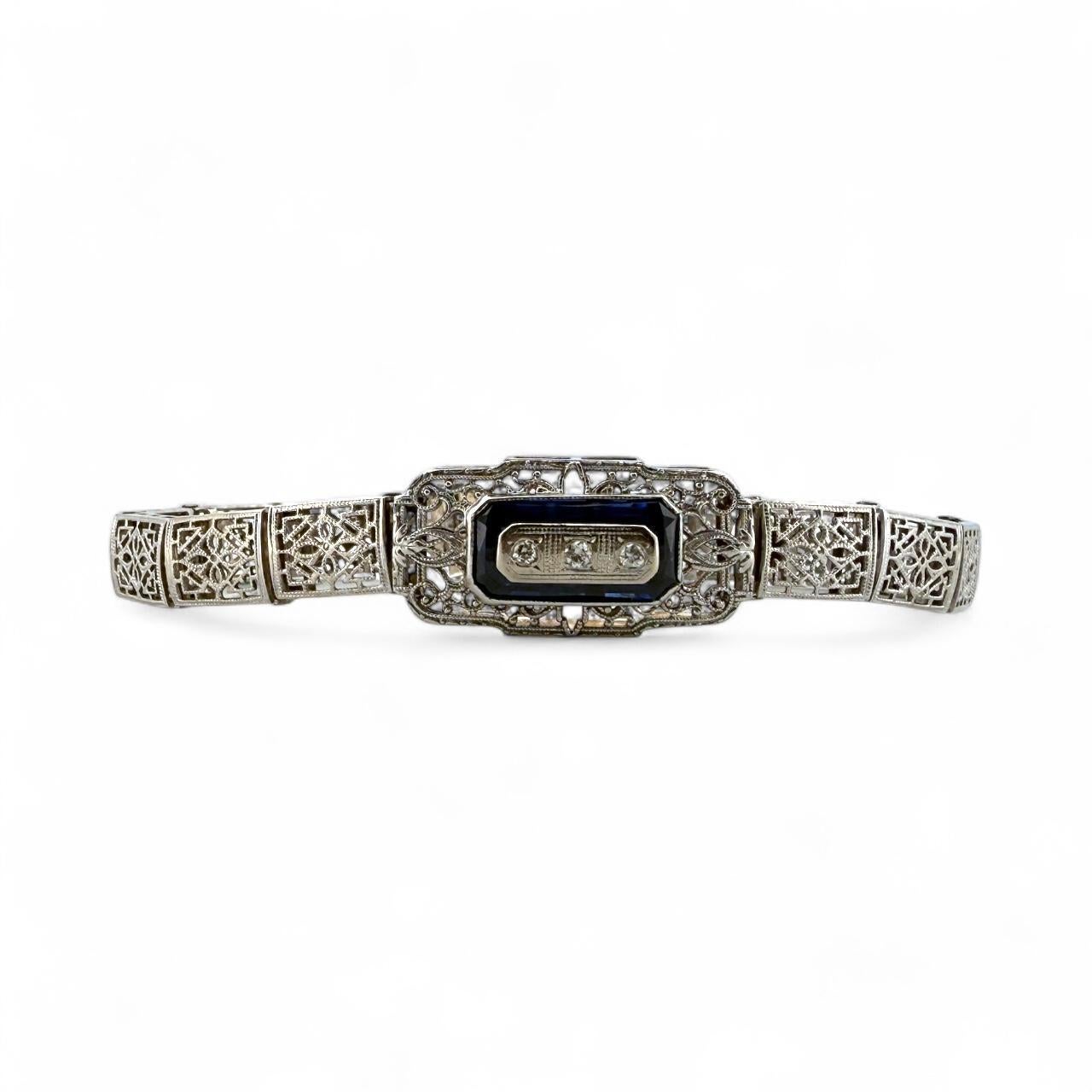 Vintage Art Deco Synthetischer Saphir & Diamant Filigran-Armband 14K Weißgold (Art déco)