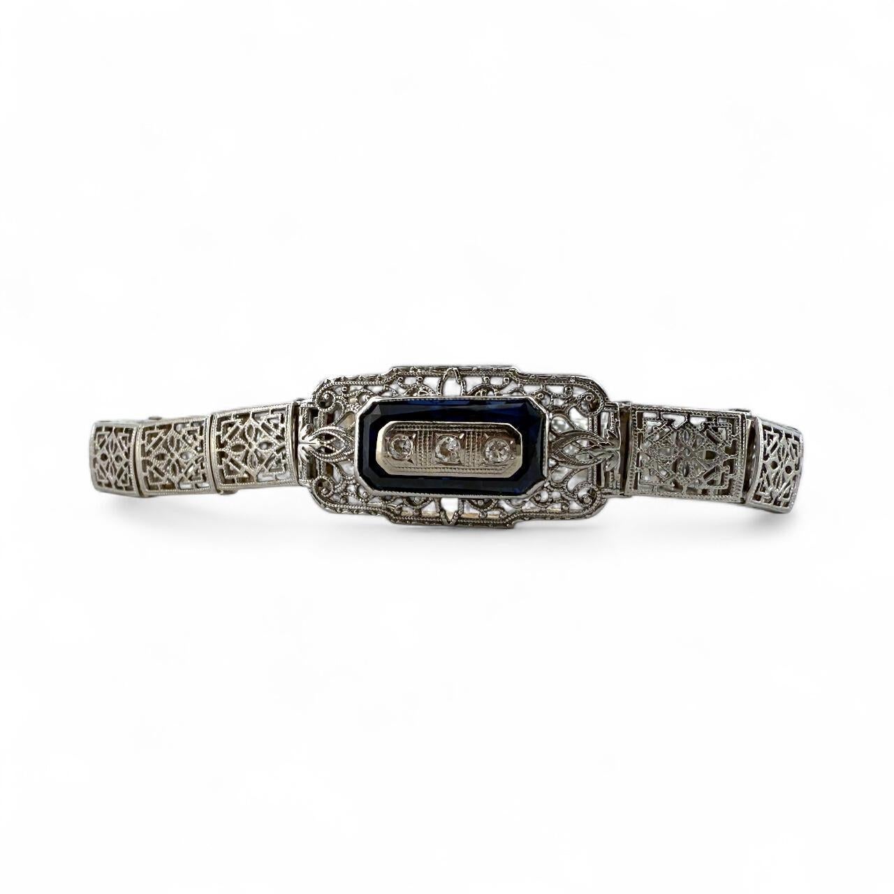 Vintage Art Deco Synthetischer Saphir & Diamant Filigran-Armband 14K Weißgold (Alteuropäischer Schliff)
