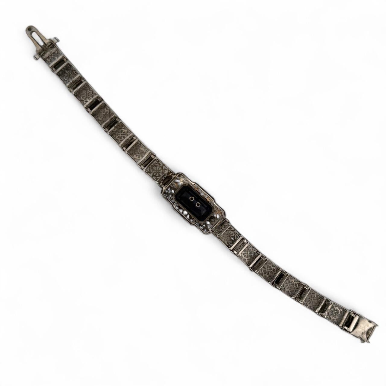 Vintage Art Deco Synthetischer Saphir & Diamant Filigran-Armband 14K Weißgold 1