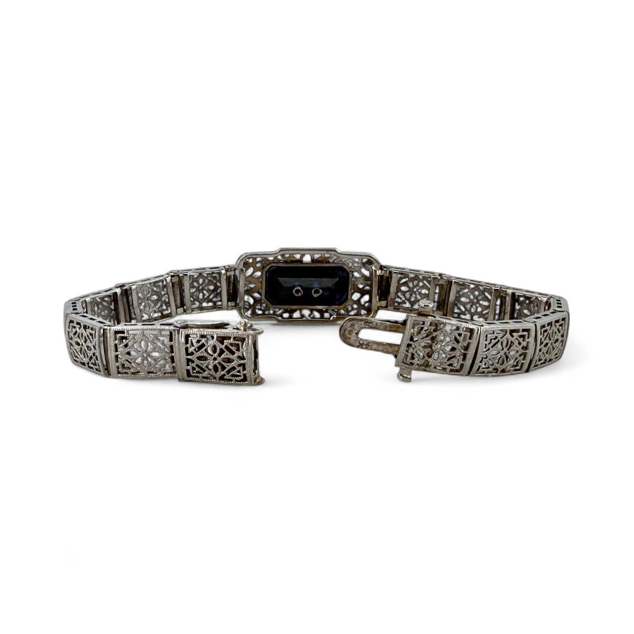 Vintage Art Deco Synthetischer Saphir & Diamant Filigran-Armband 14K Weißgold 2