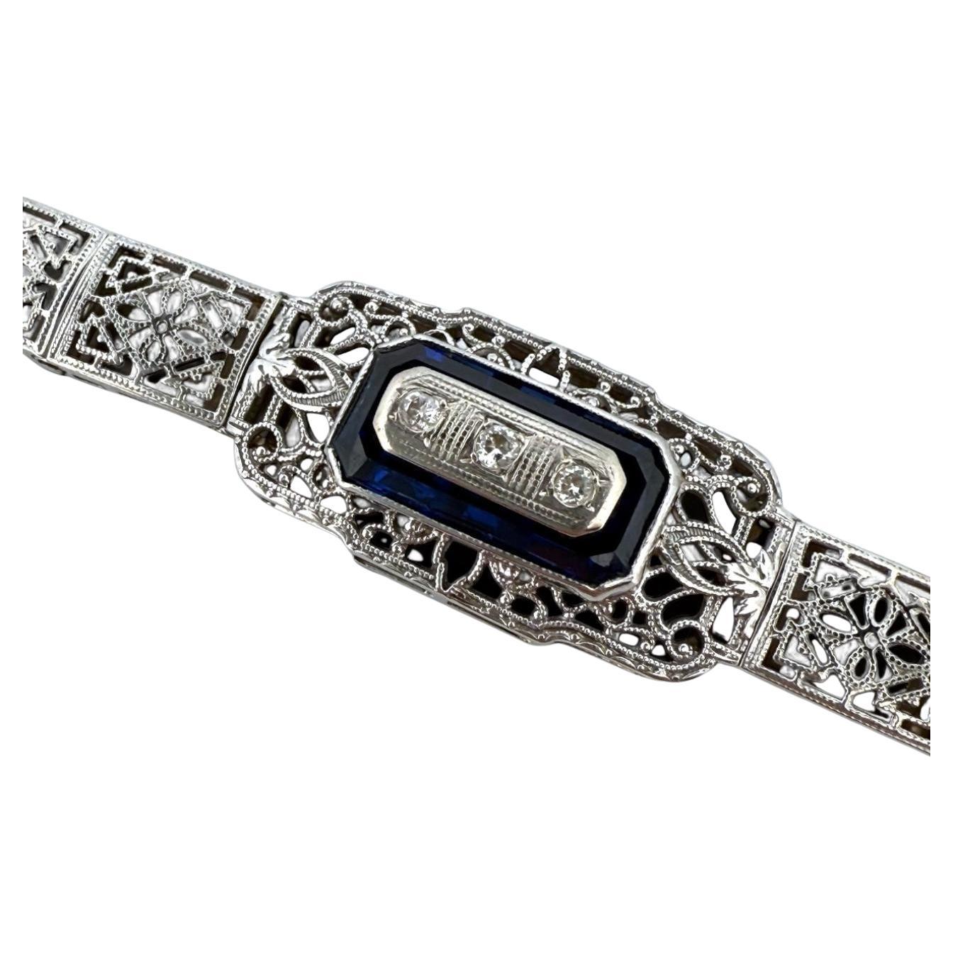 Vintage Art Deco Synthetic Sapphire & Diamond Filigree Bracelet 14K White Gold