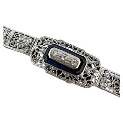Vintage Art Deco Synthetic Sapphire 
Diamond Filigree Bracelet 14K White Gold