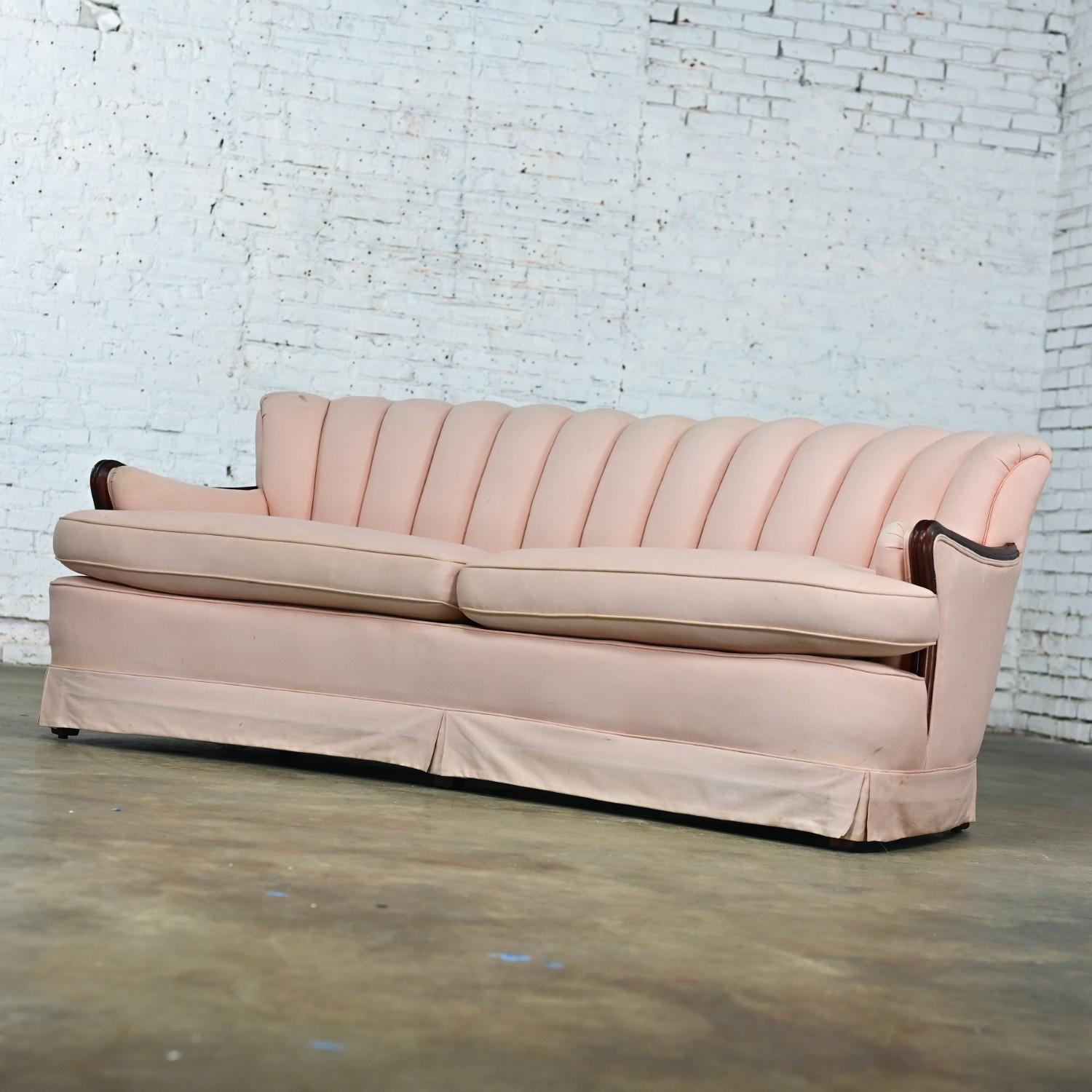 Vintage Art Deco - Art Nouveau Divano con schienale incanalato rosa Solo braccioli in noce in vendita 5
