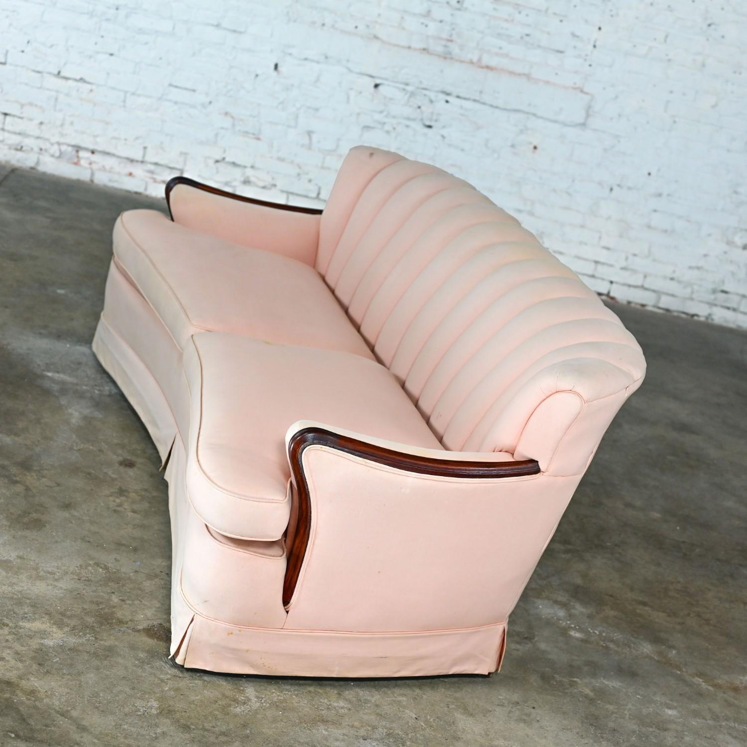 Vintage Art Deco - Art Nouveau Divano con schienale incanalato rosa Solo braccioli in noce in vendita 1