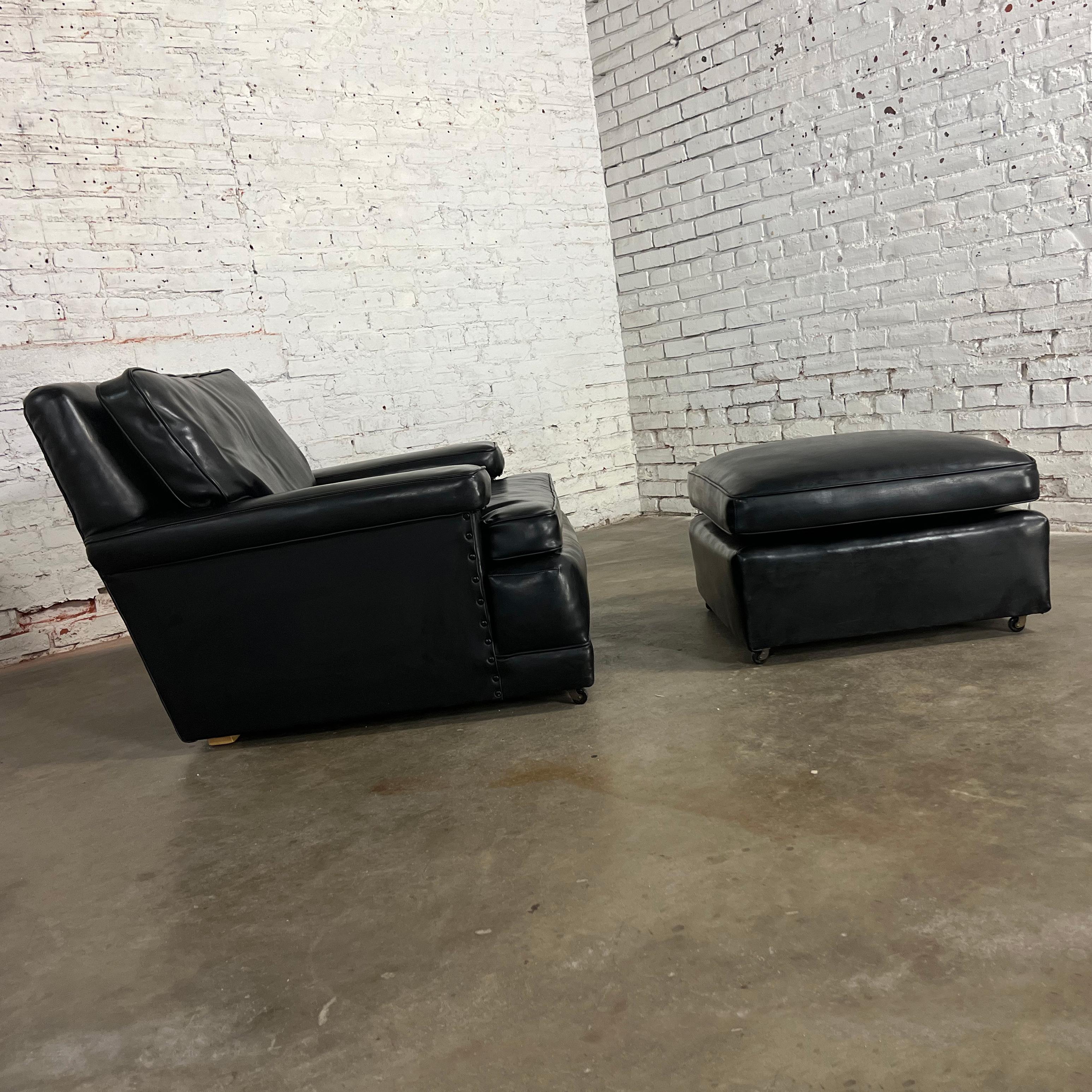 Vintage Art Deco to MCM Black Faux Leather Club Chair & Ottoman w/ Casters For Sale 4