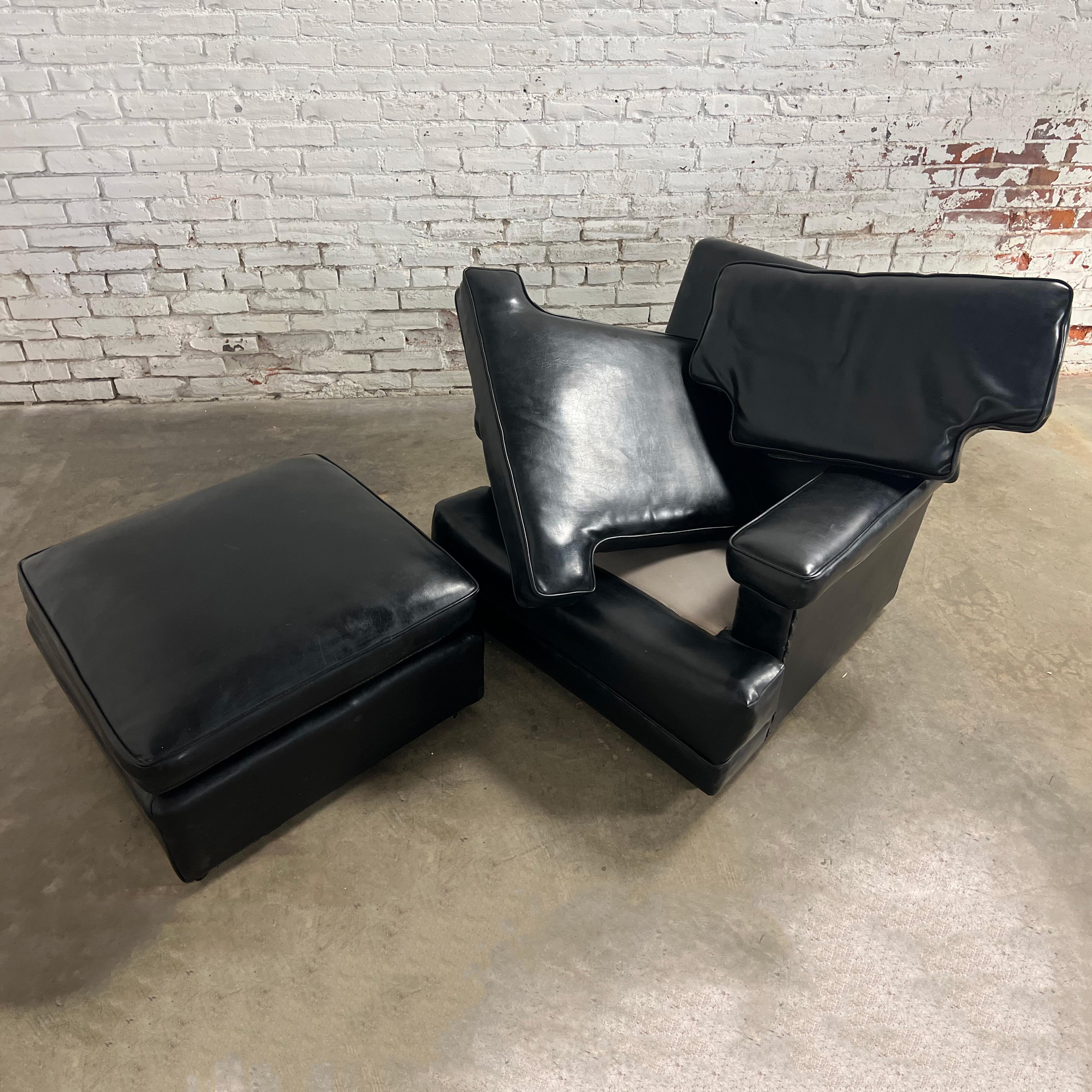 Vintage Art Deco to MCM Black Faux Leather Club Chair & Ottoman w/ Casters For Sale 5