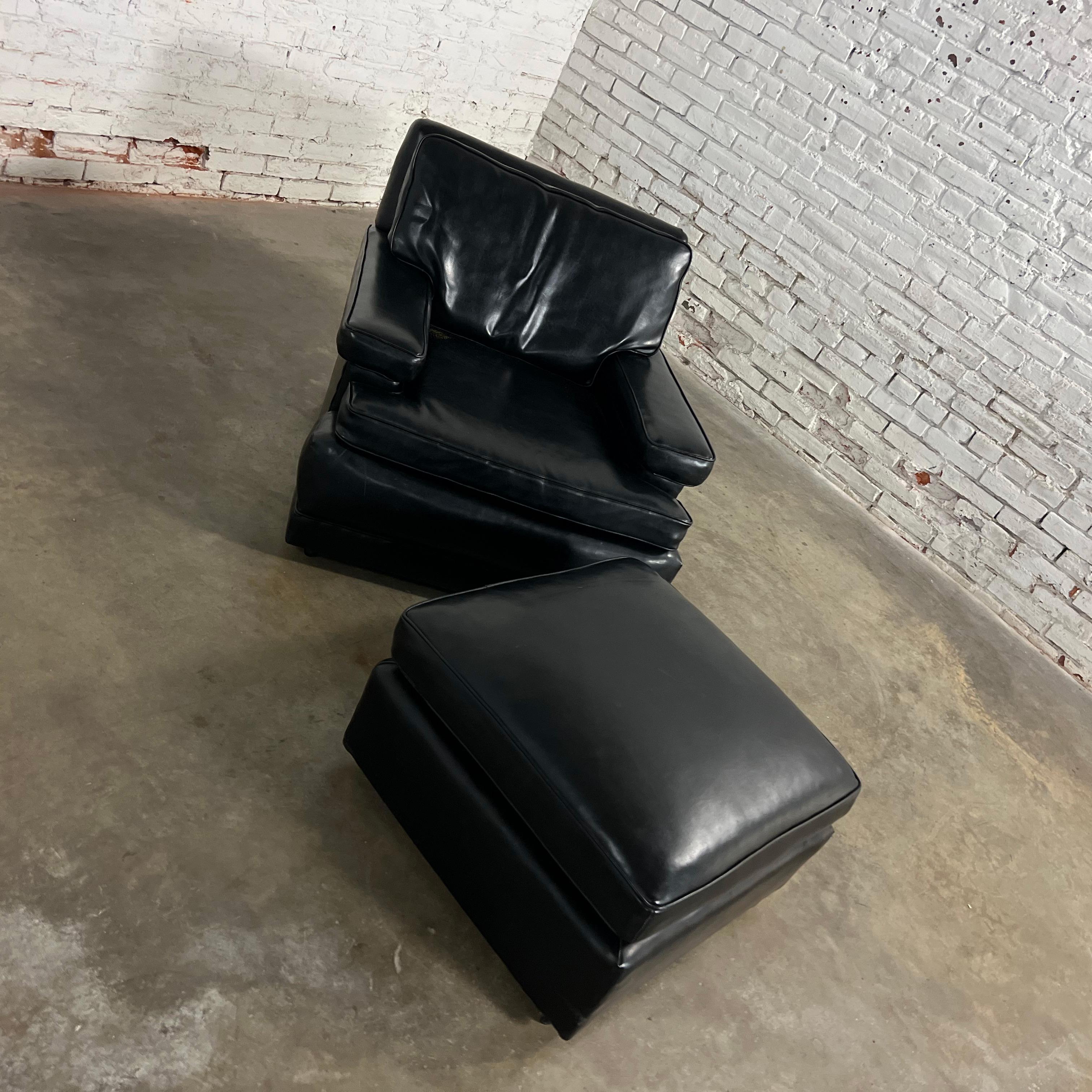 Vintage Art Deco to MCM Black Faux Leather Club Chair & Ottoman w/ Casters For Sale 6