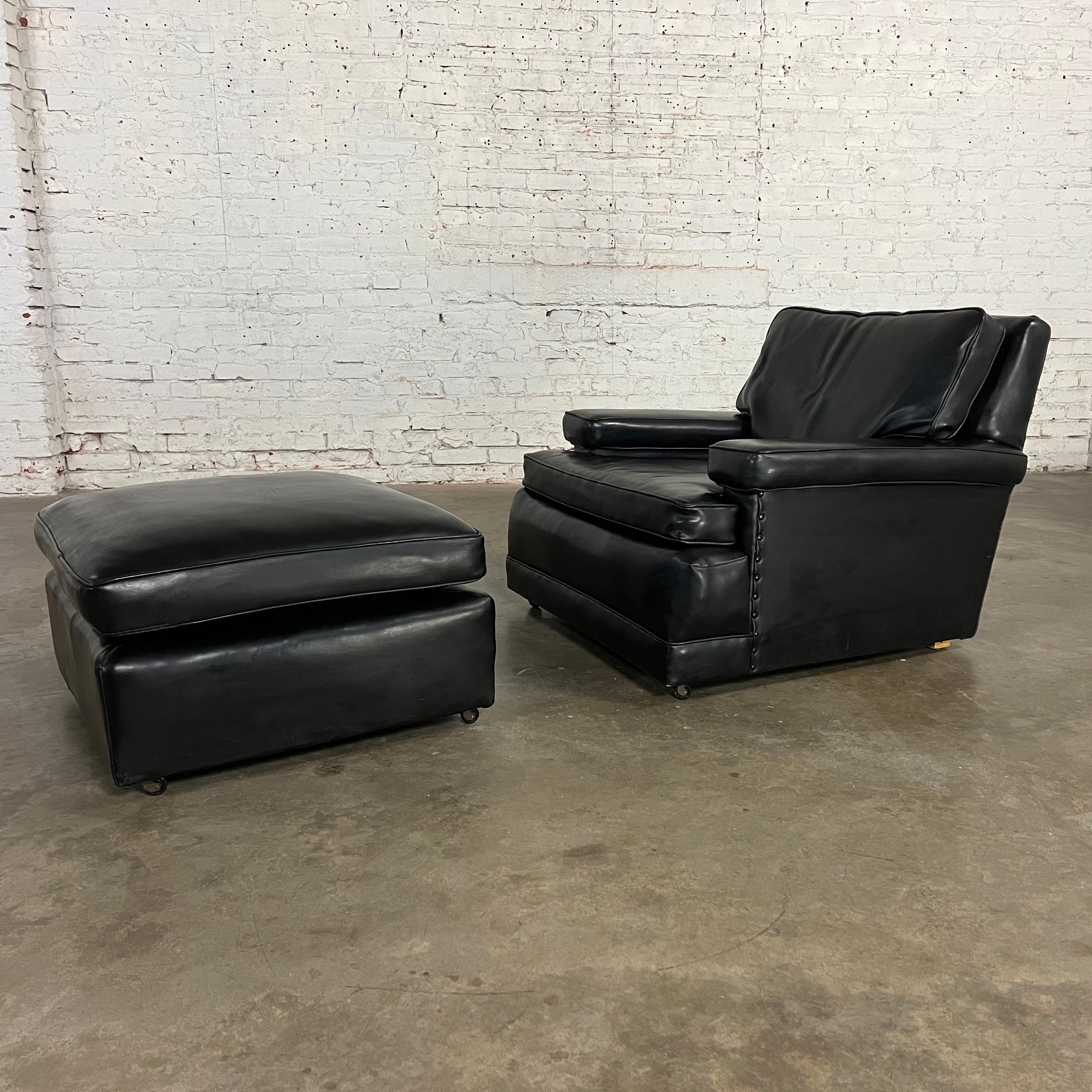 Vintage Art Deco to MCM Black Faux Leather Club Chair & Ottoman w/ Casters For Sale 7