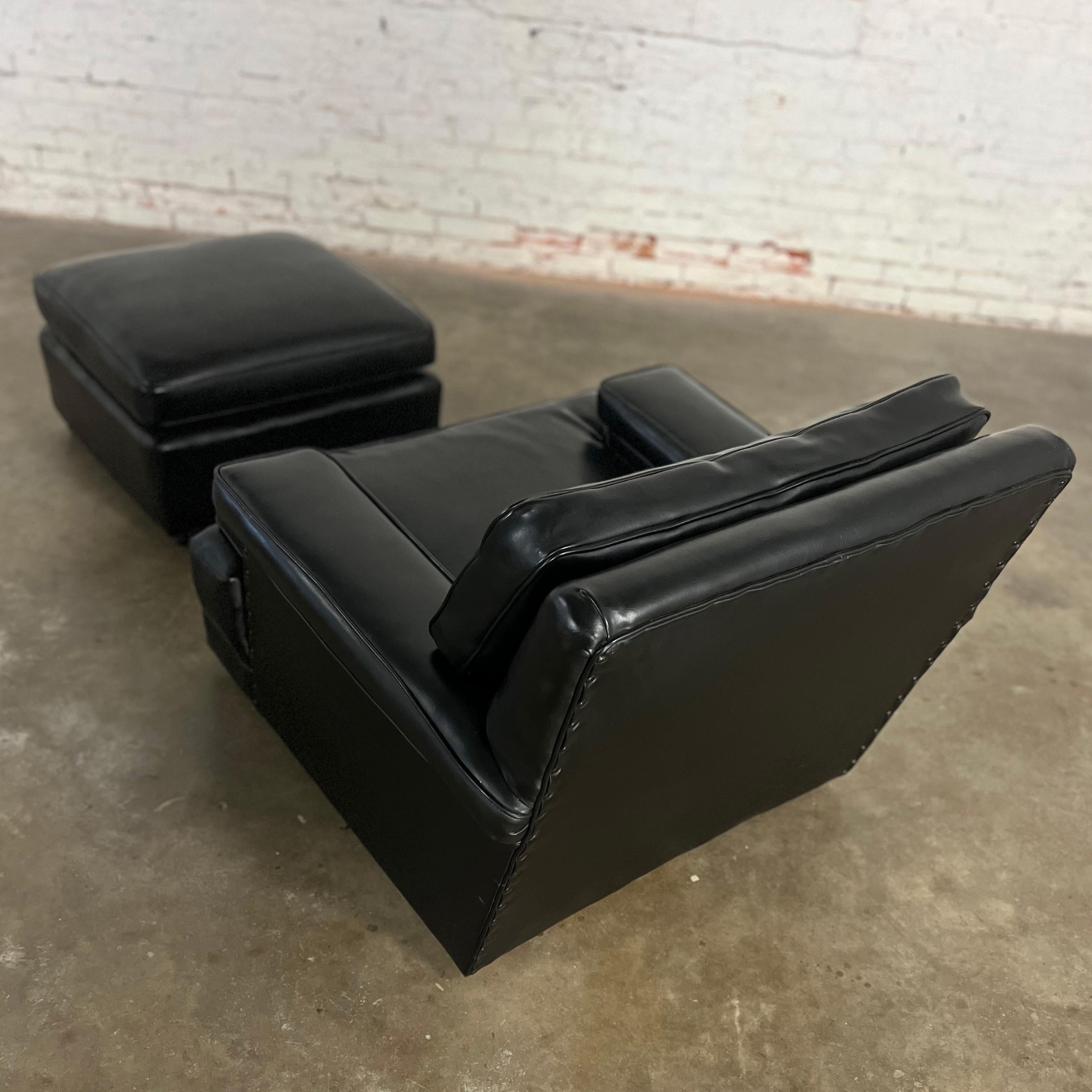 Vintage Art Deco to MCM Black Faux Leather Club Chair & Ottoman w/ Casters For Sale 8