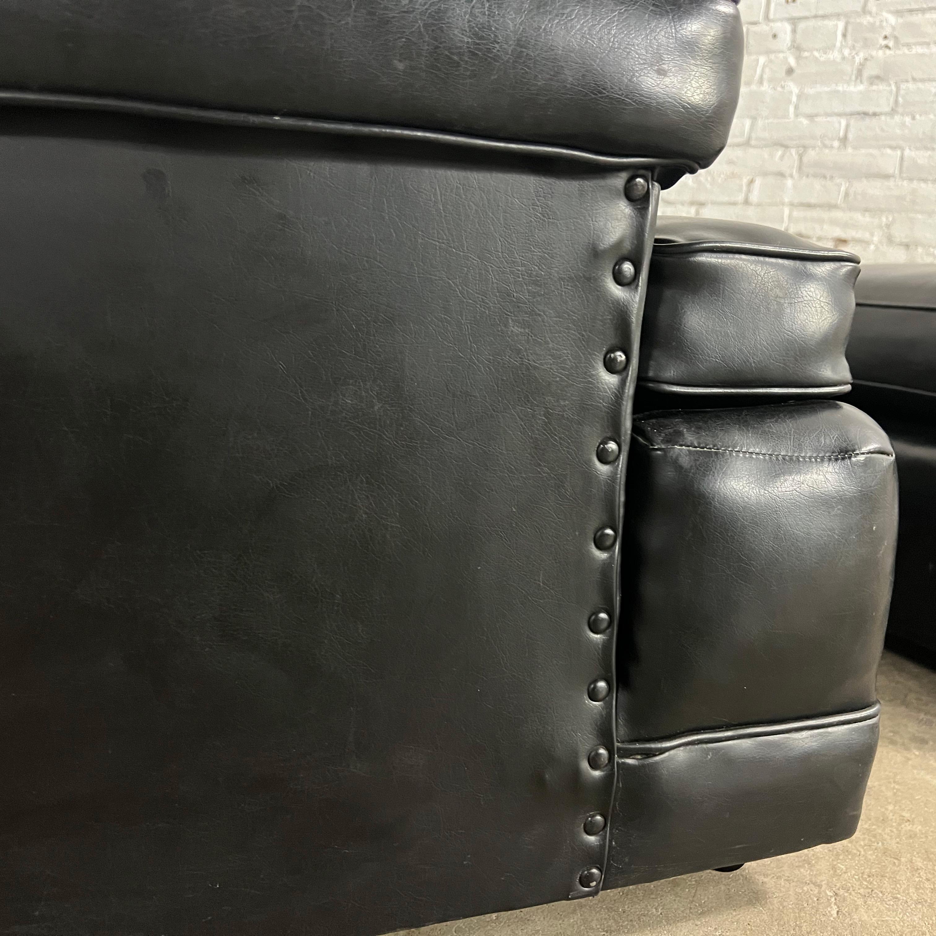 Vintage Art Deco to MCM Black Faux Leather Club Chair & Ottoman w/ Casters For Sale 10